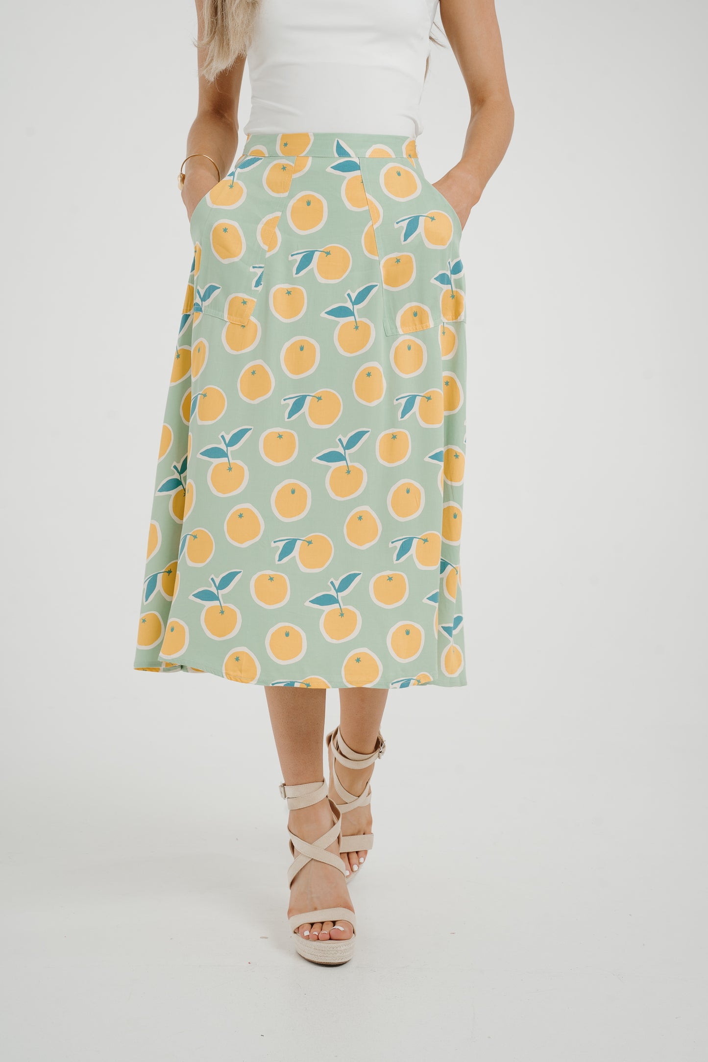Frankie Orange & Lemon Print Skirt In Sage