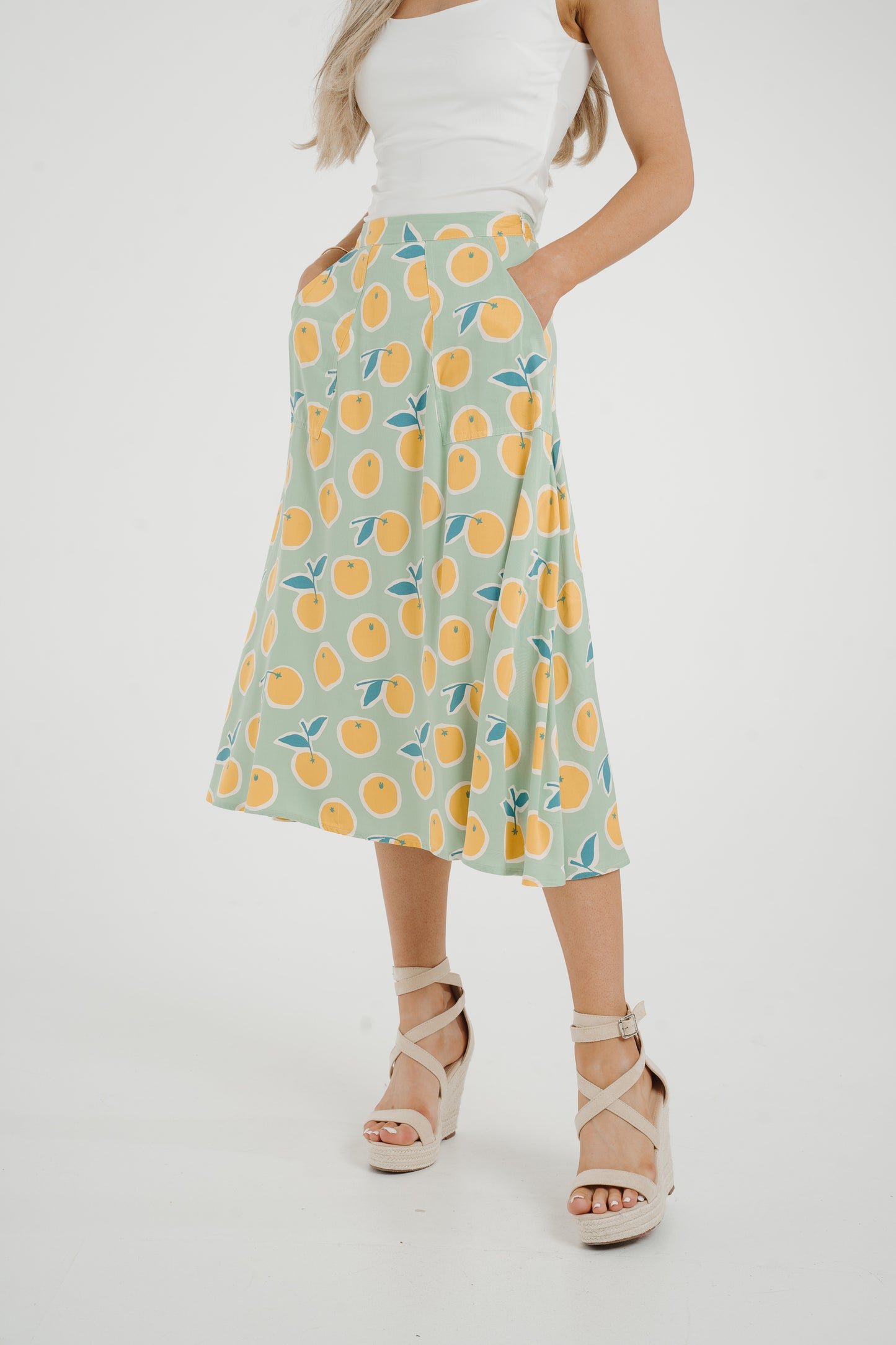 Frankie Orange & Lemon Print Skirt In Sage