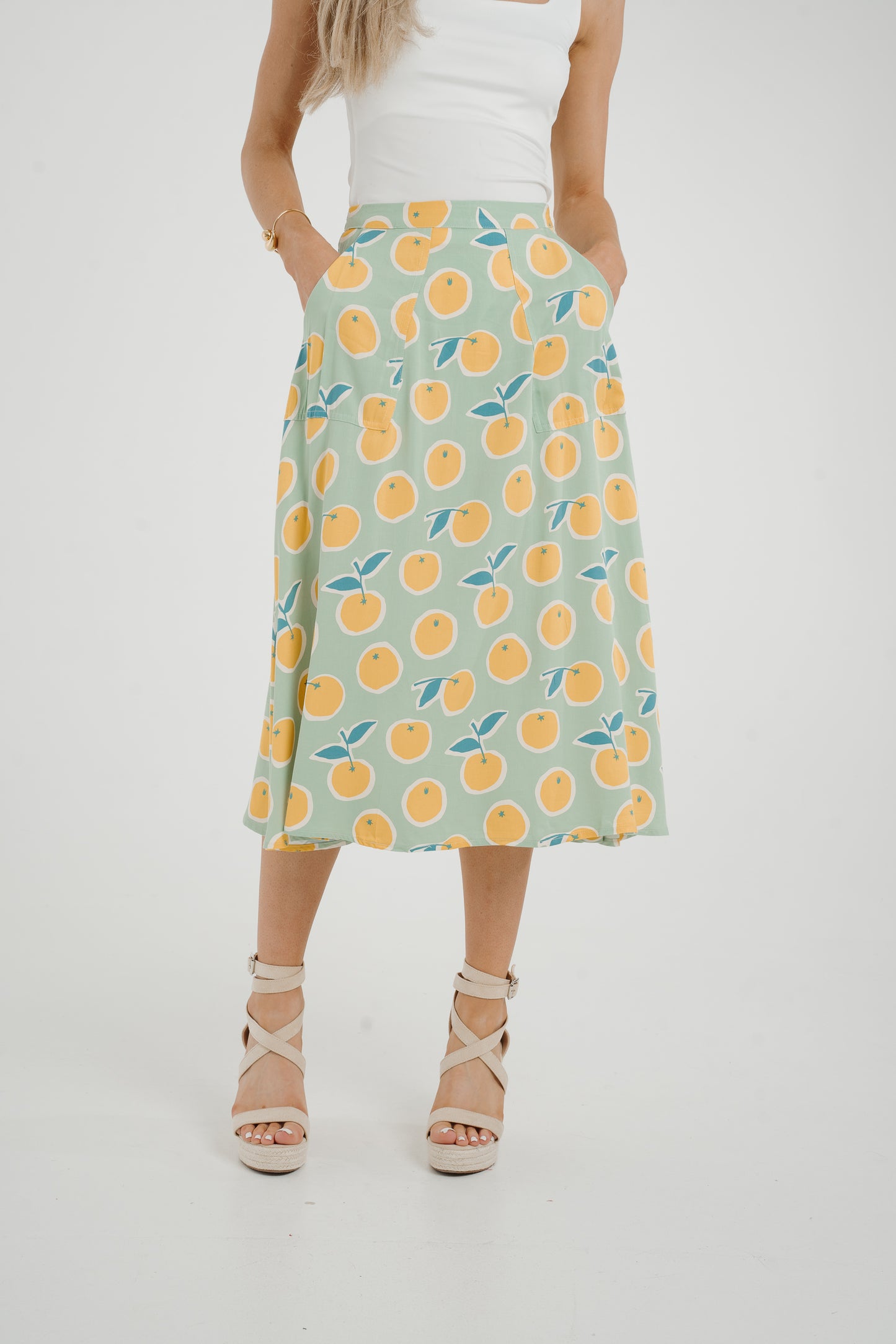 Frankie Orange & Lemon Print Skirt In Sage