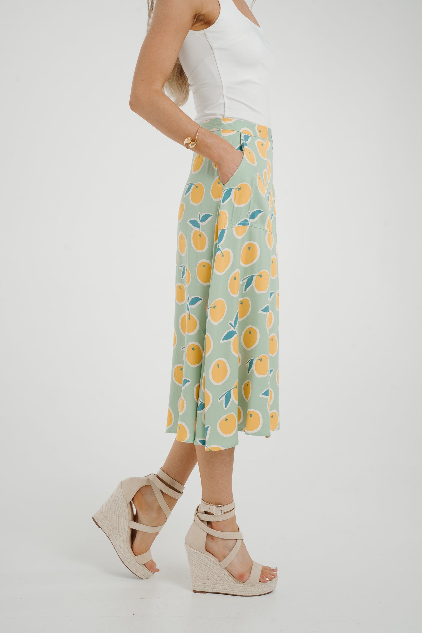 Frankie Orange & Lemon Print Skirt In Sage