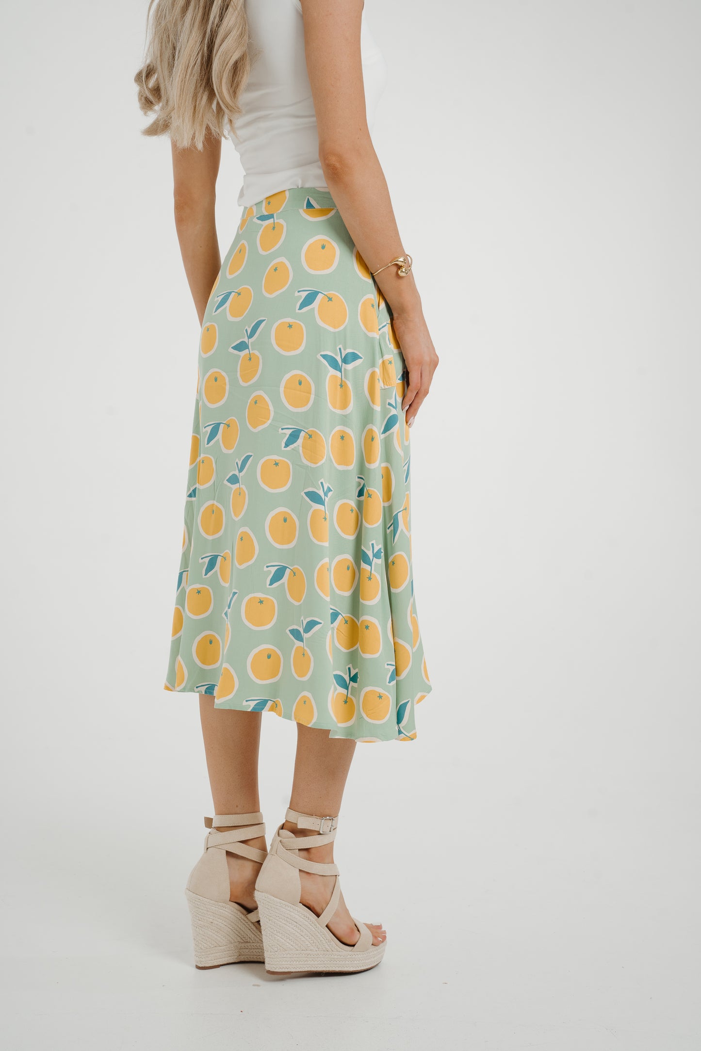 Frankie Orange & Lemon Print Skirt In Sage