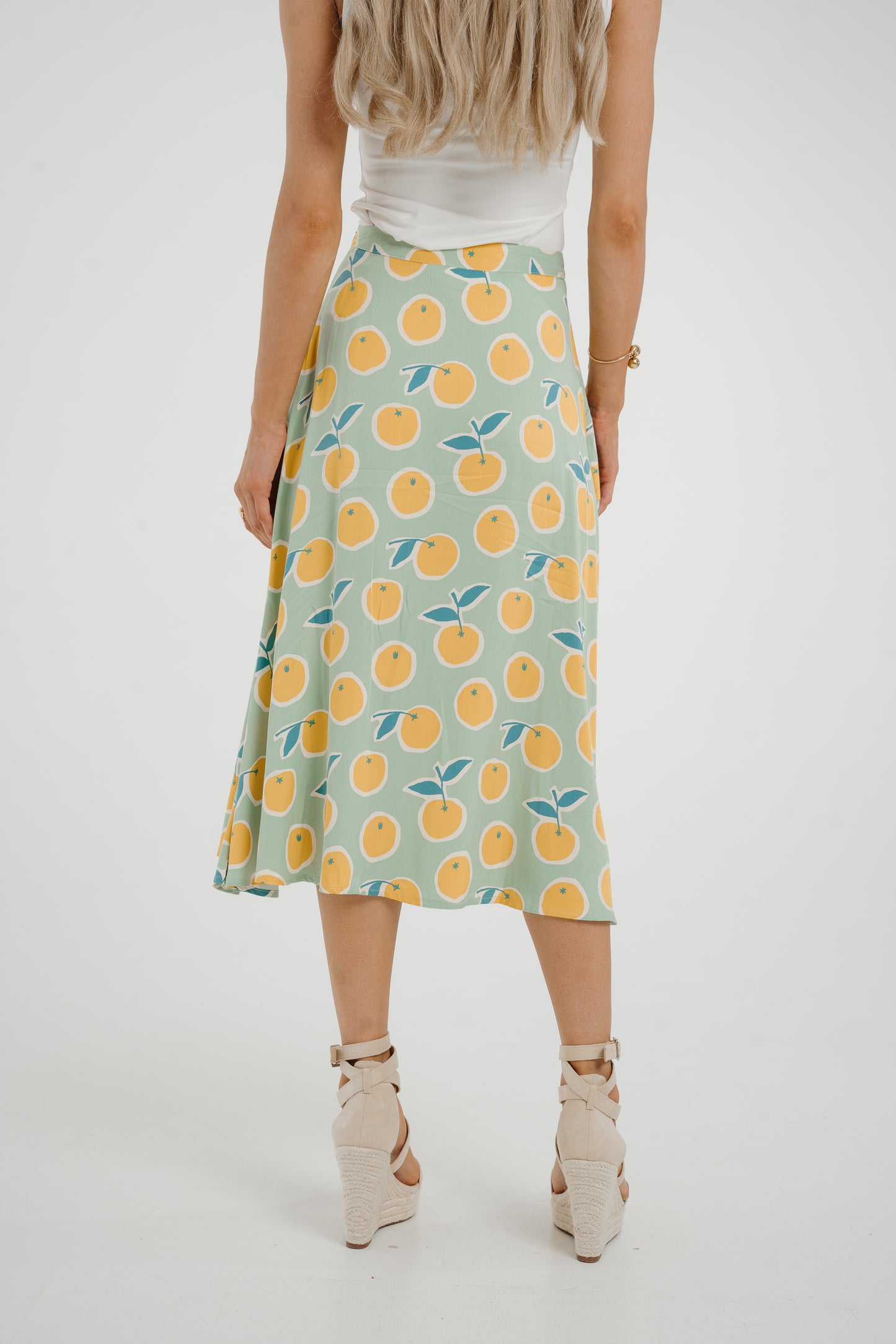 Frankie Orange & Lemon Print Skirt In Sage