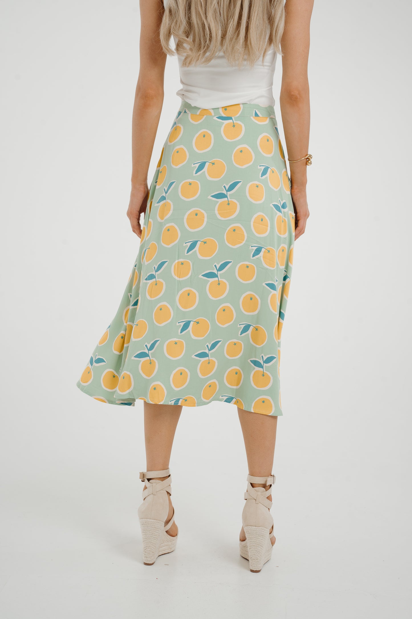 Frankie Orange & Lemon Print Skirt In Sage