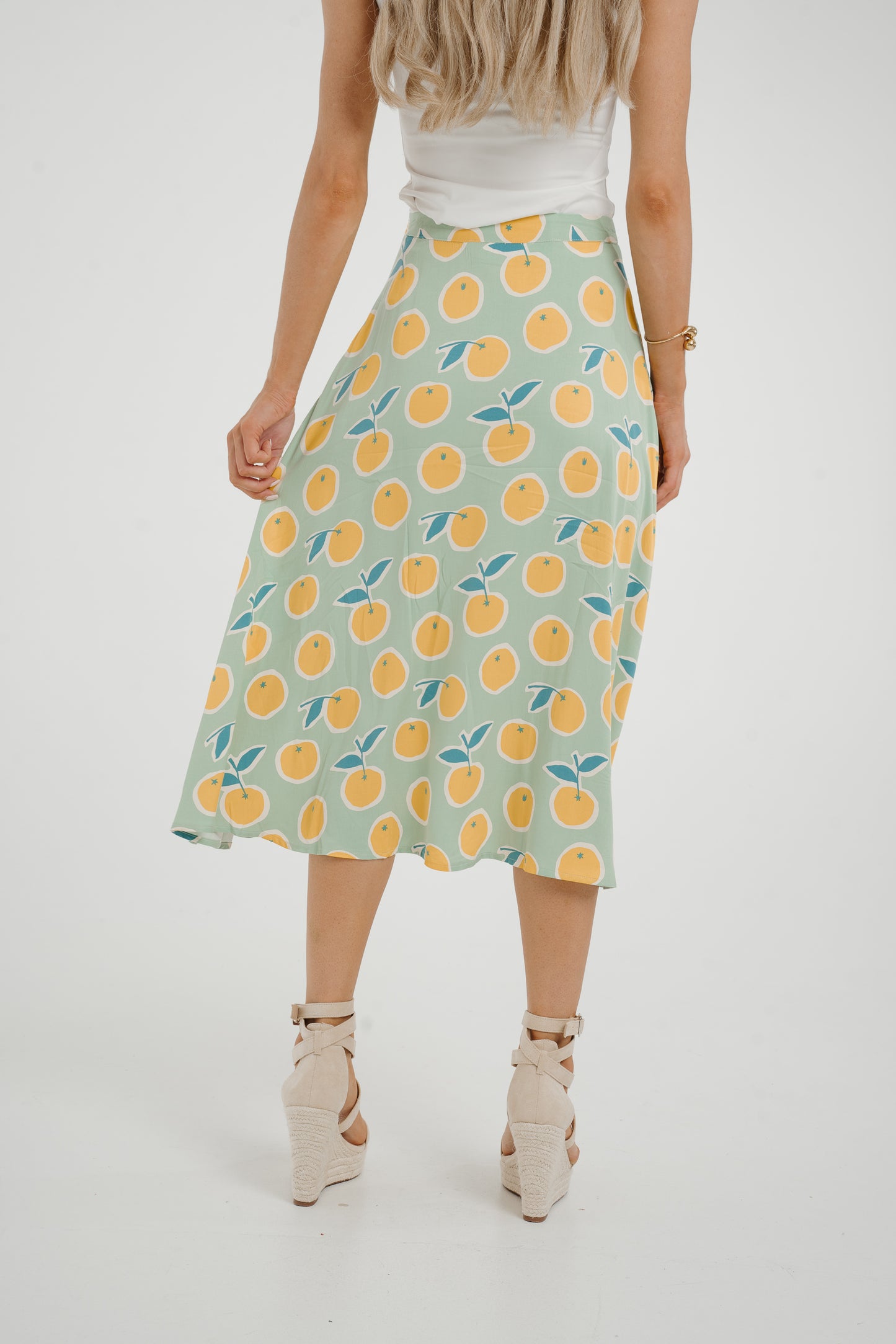 Frankie Orange & Lemon Print Skirt In Sage