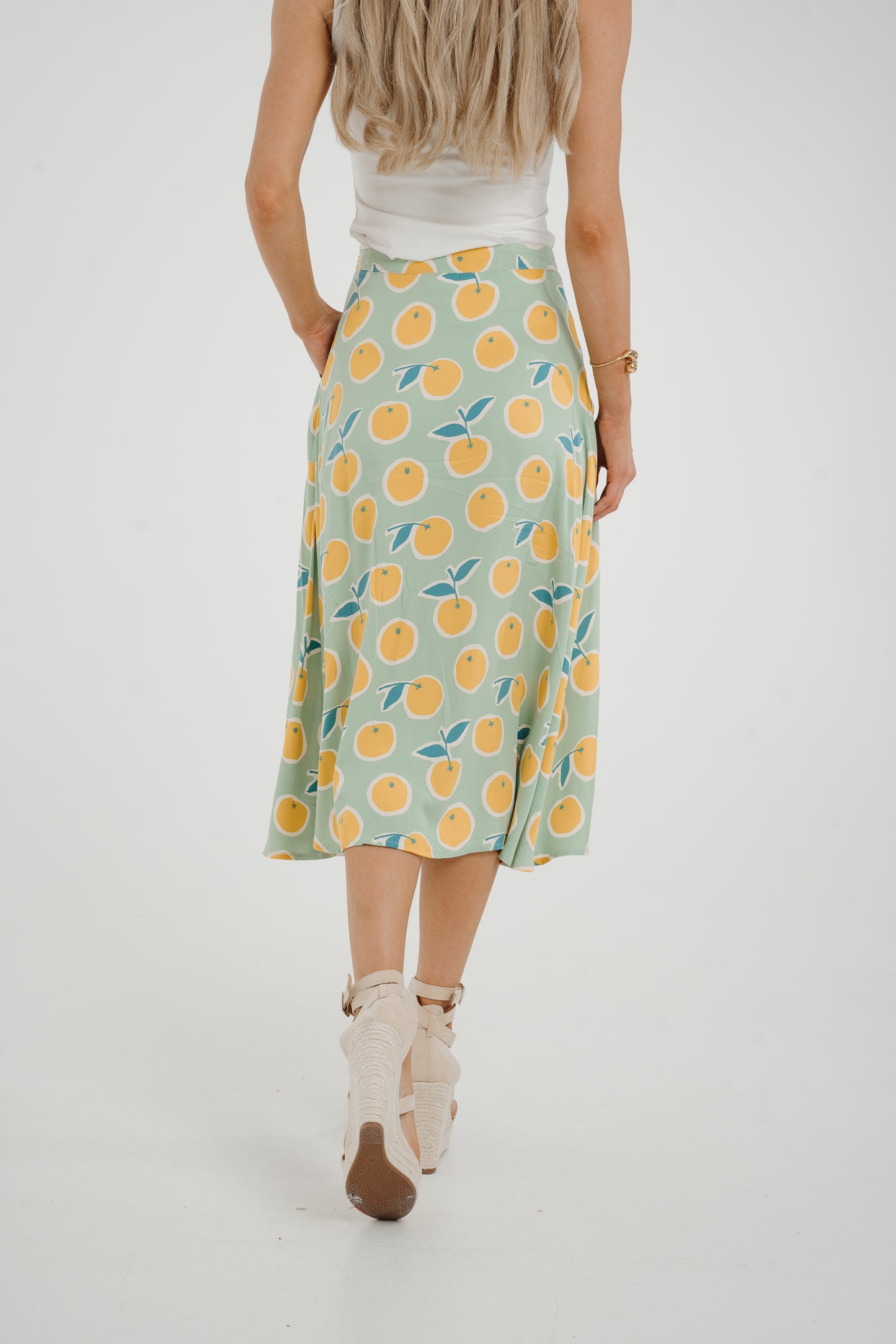 Frankie Orange & Lemon Print Skirt In Sage