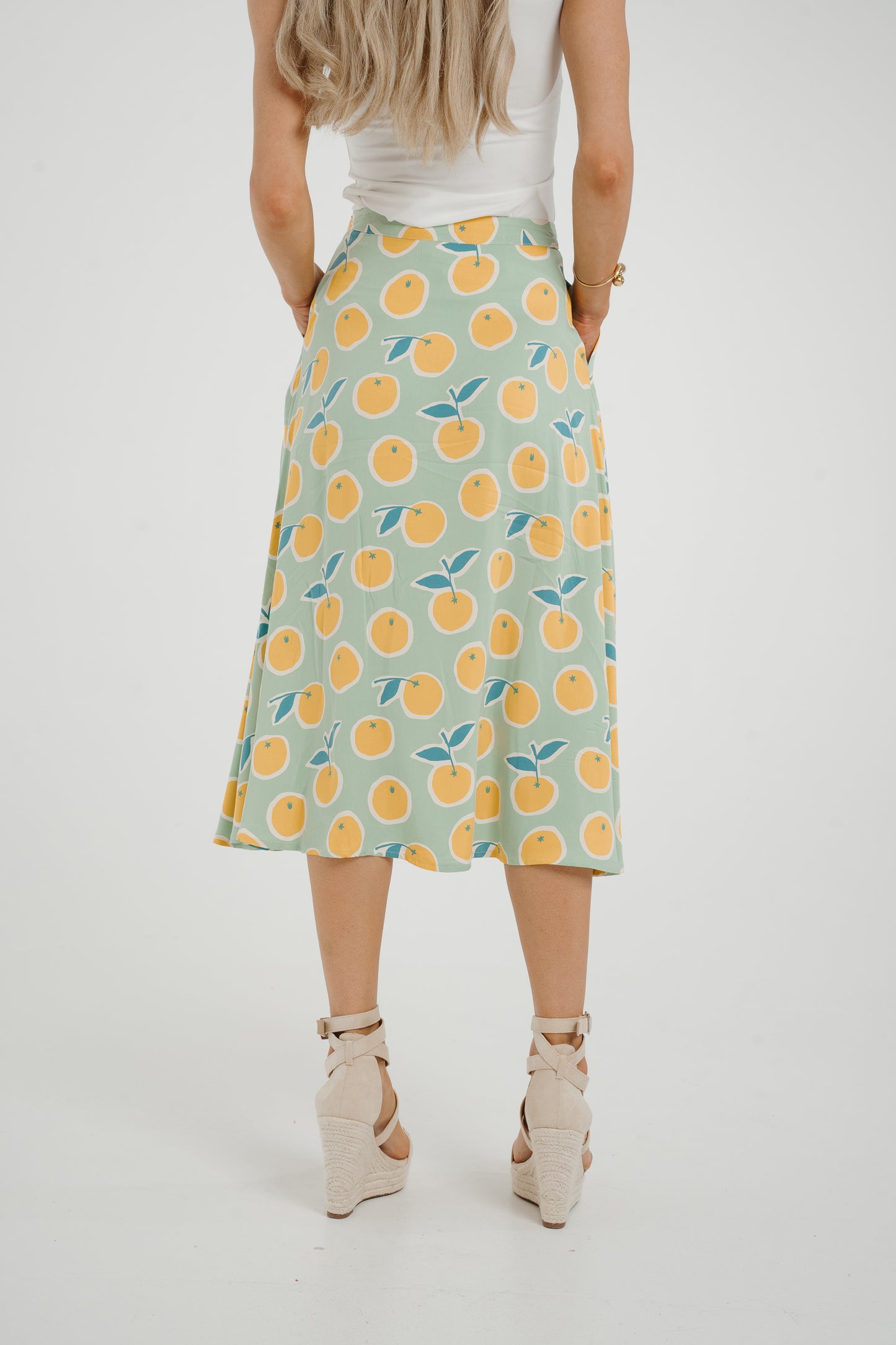 Frankie Orange & Lemon Print Skirt In Sage