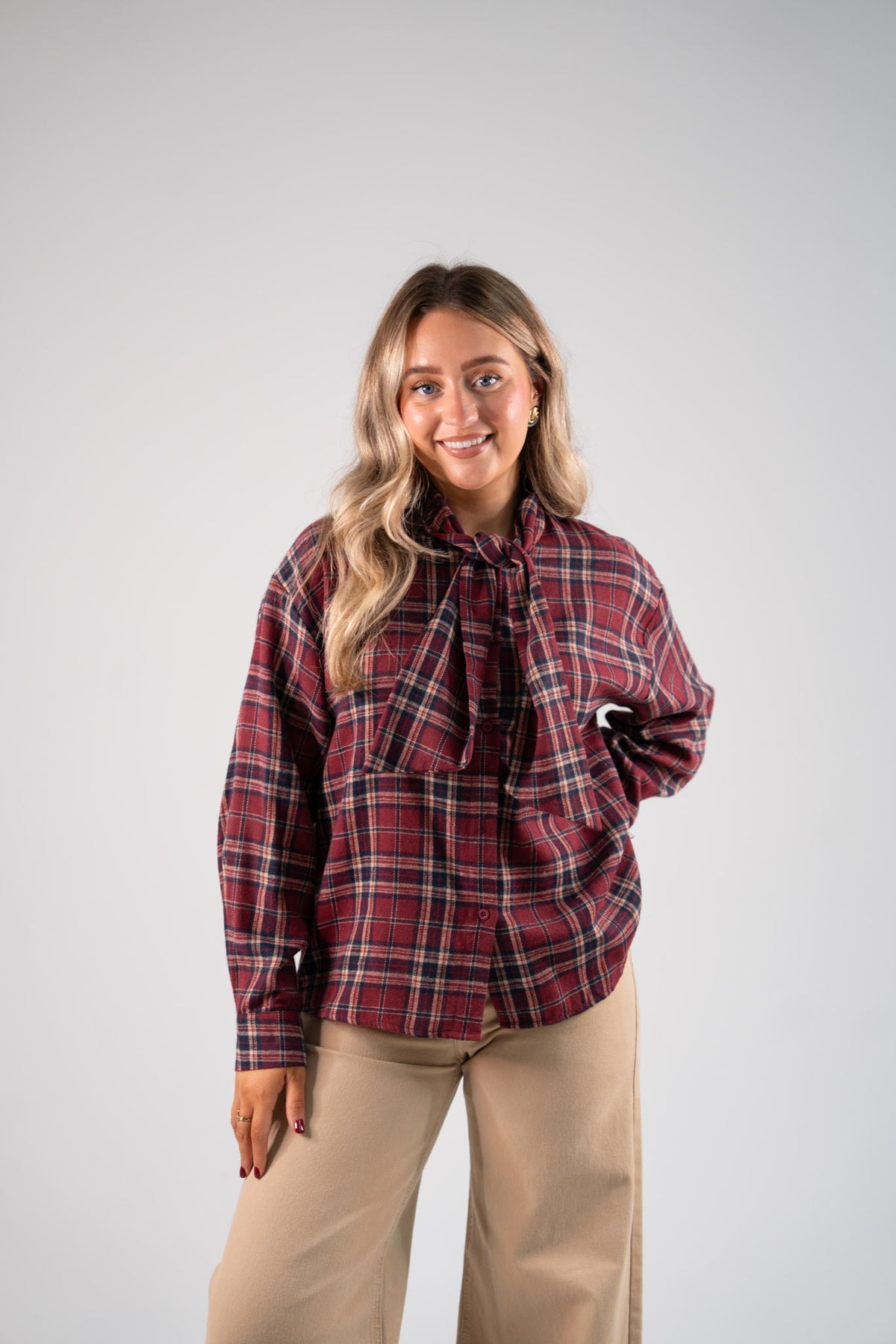 Megan Tie Neck Shirt In Red Check