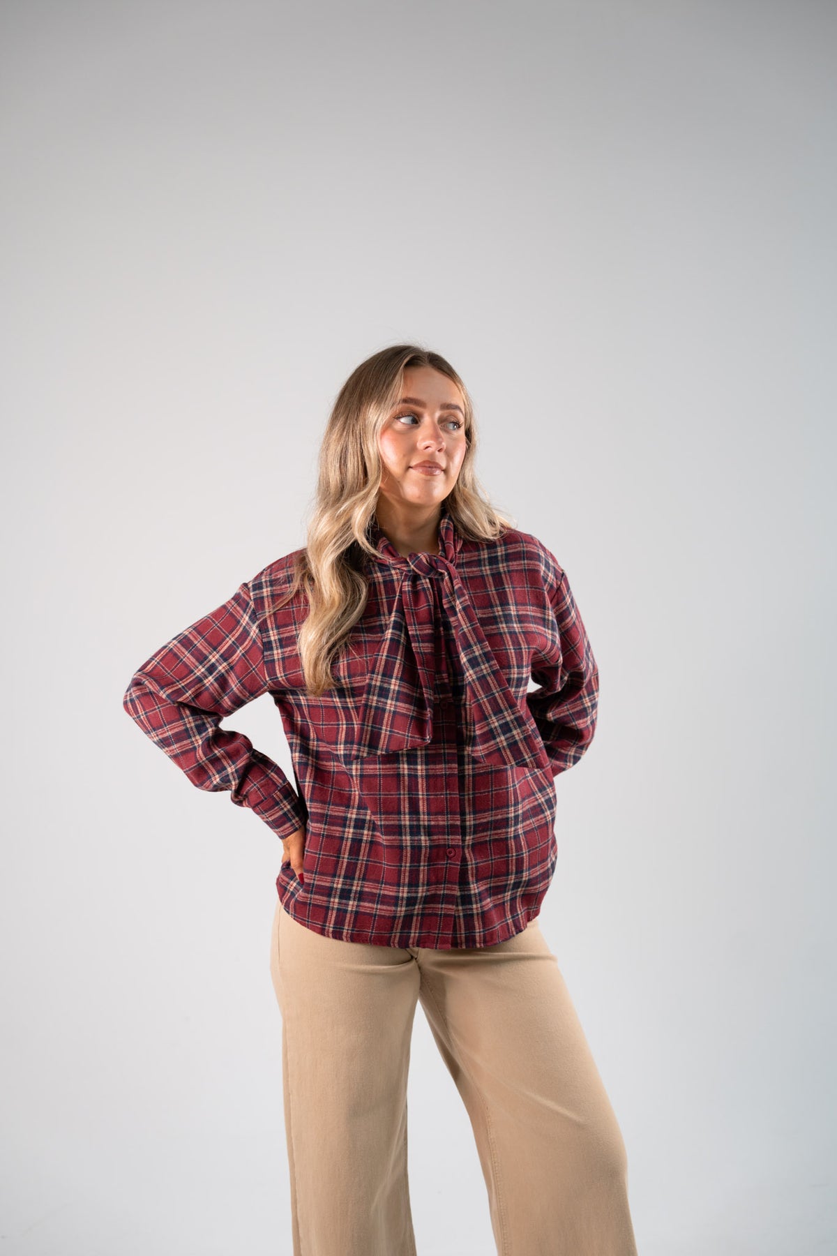 Megan Tie Neck Shirt In Red Check