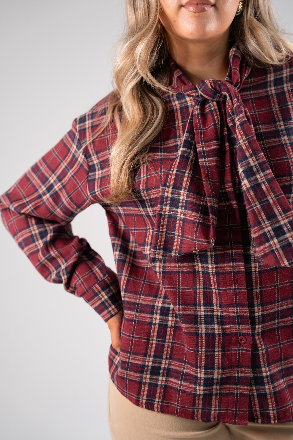 Megan Tie Neck Shirt In Red Check