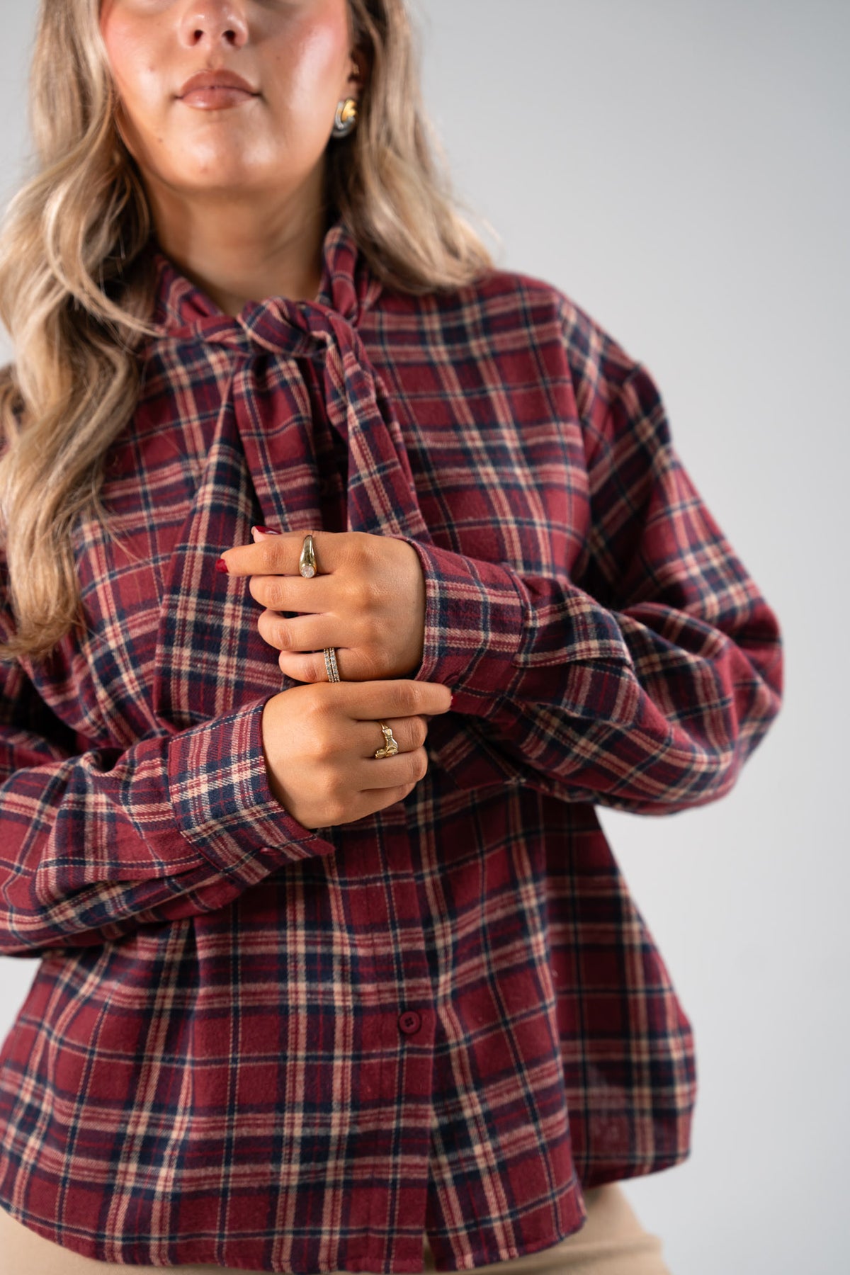 Megan Tie Neck Shirt In Red Check