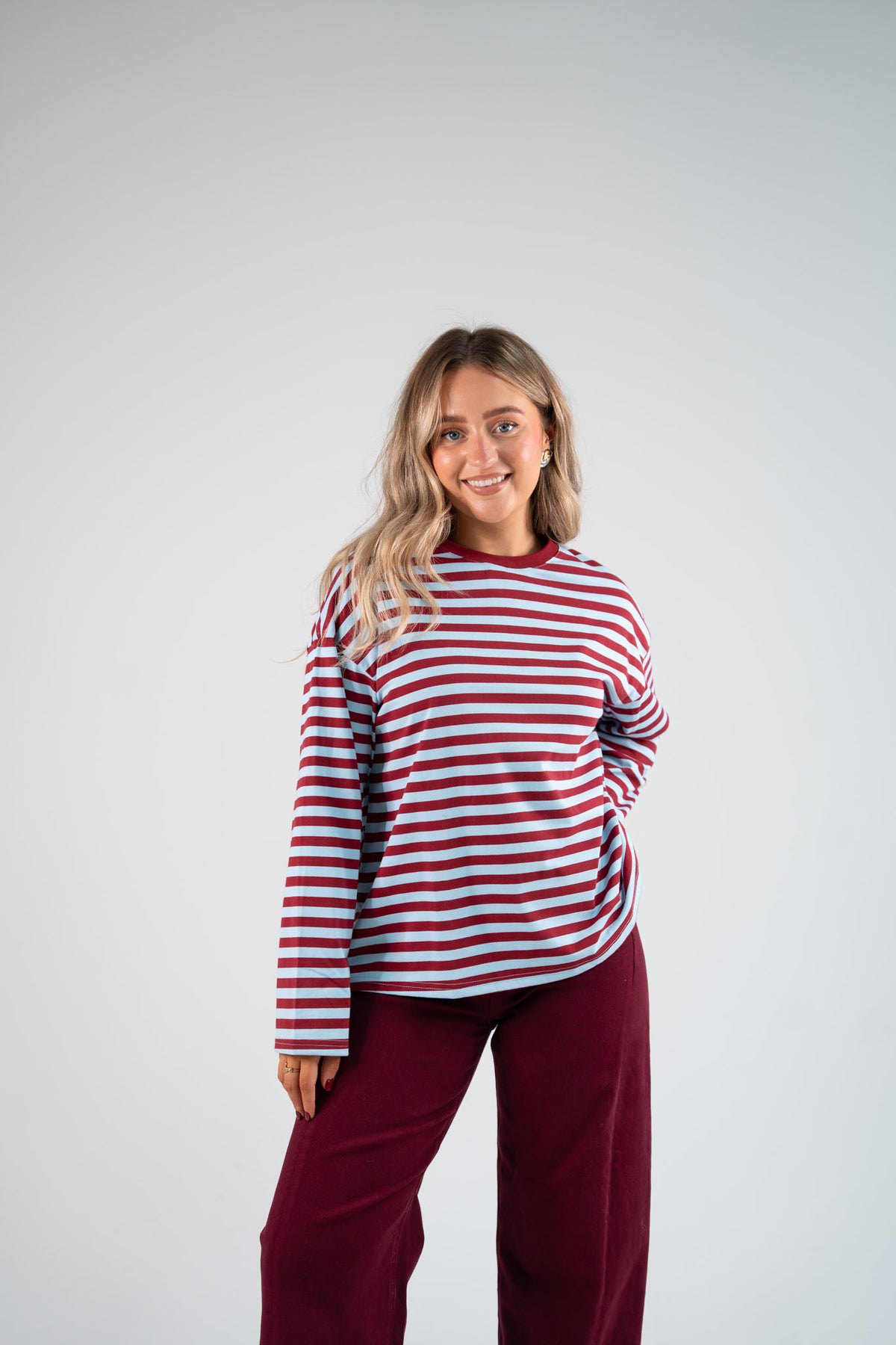 Kendra Striped Long Sleeve Top In Bordeaux