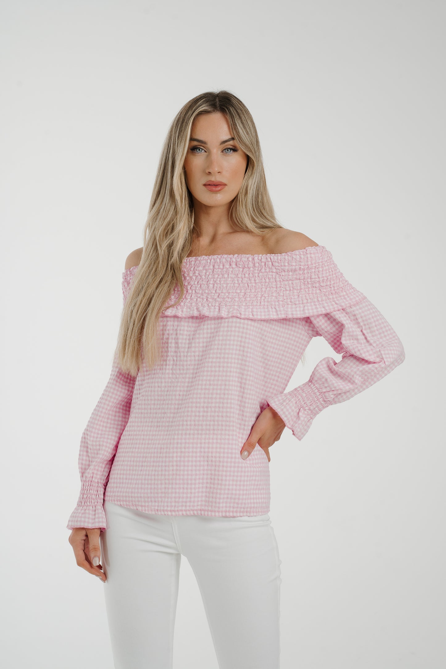 Leona Gingham Bardot Top In Pink