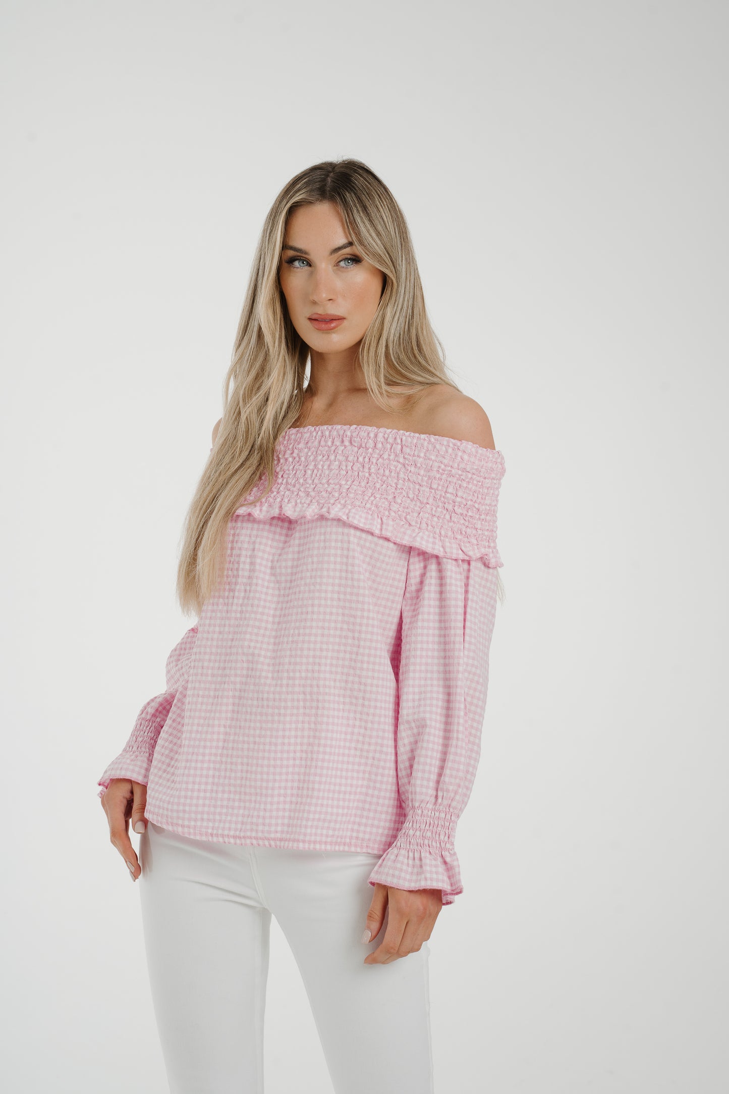 Leona Gingham Bardot Top In Pink