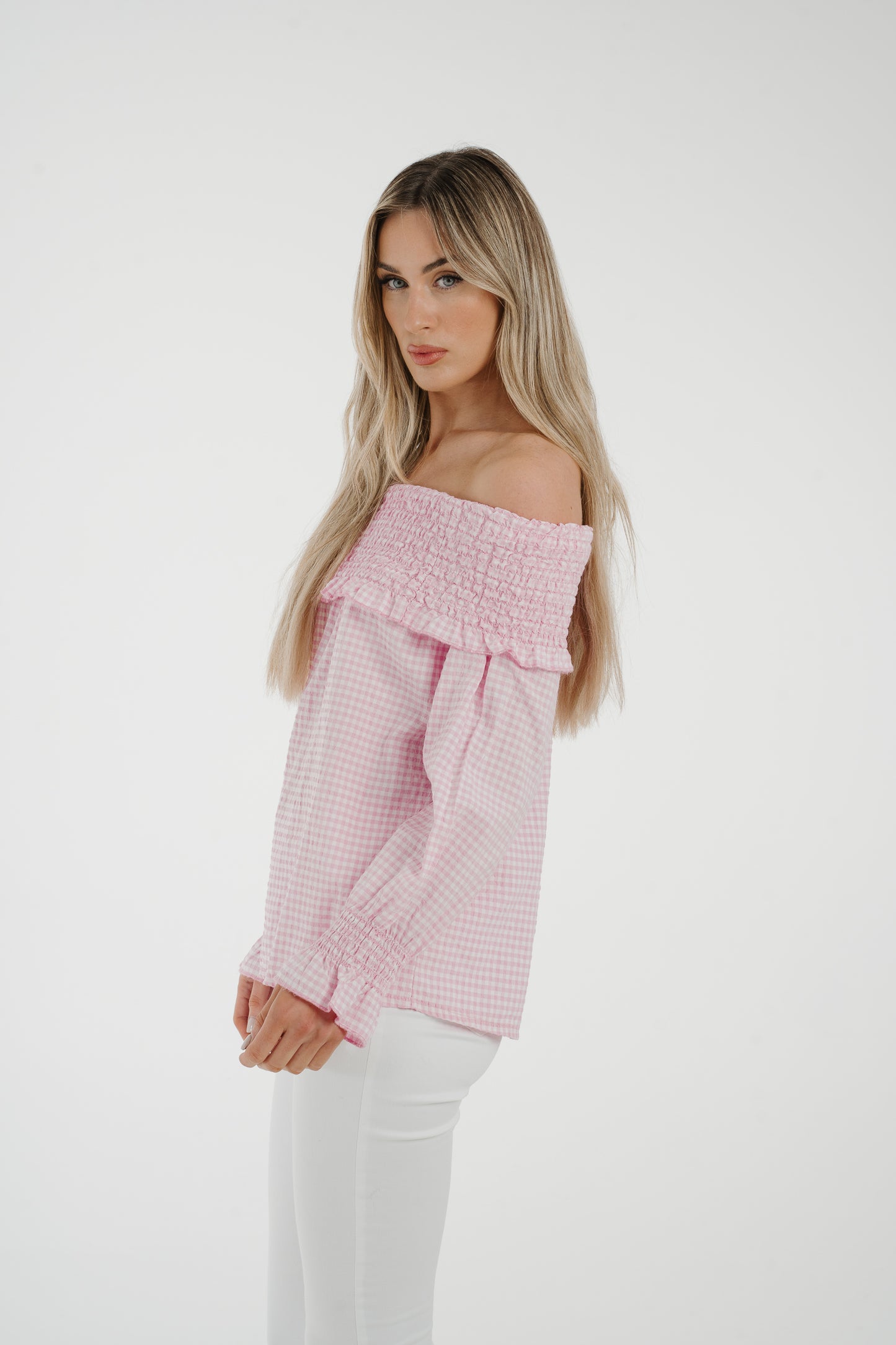 Leona Gingham Bardot Top In Pink