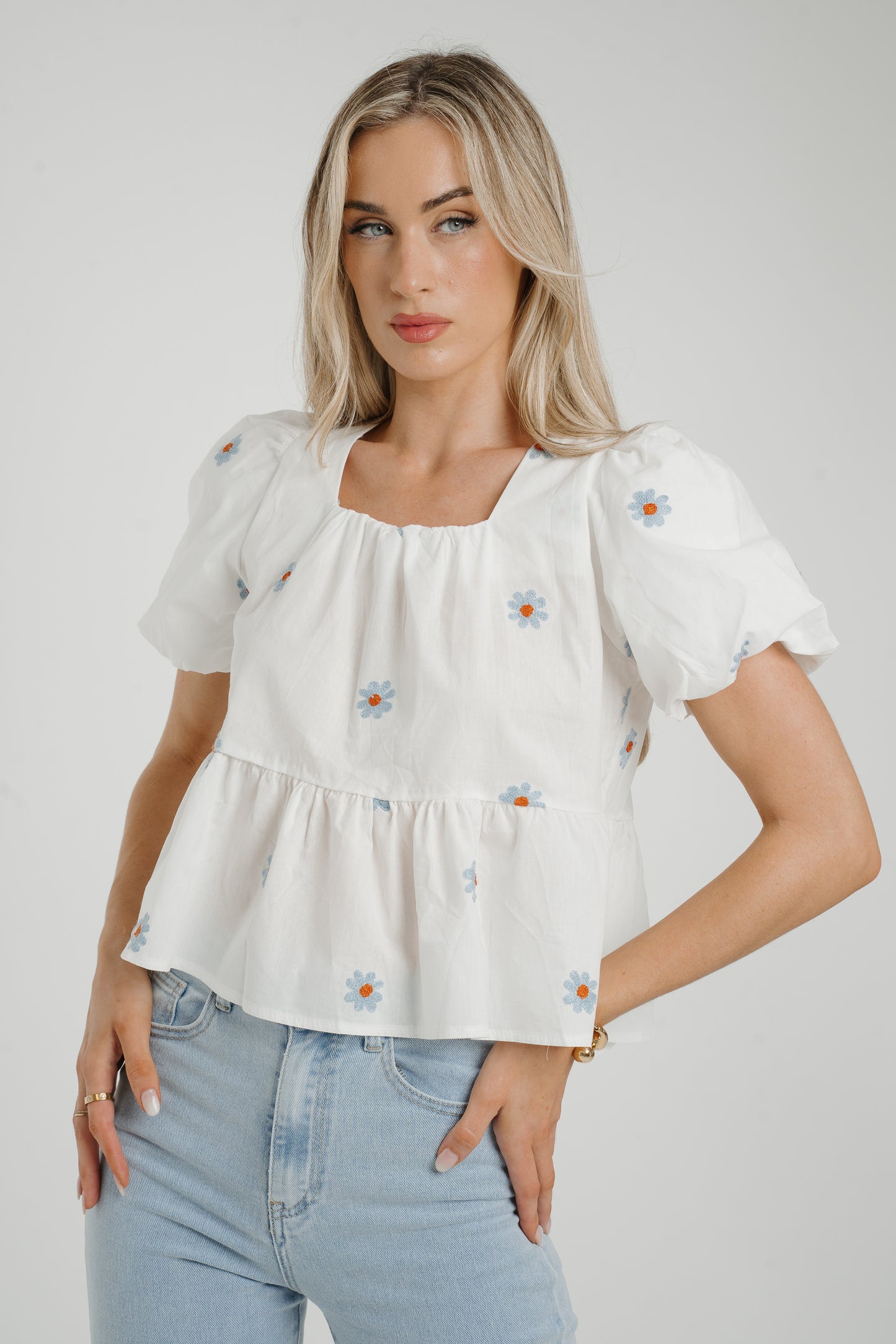 Holly Blue Floral Top In White