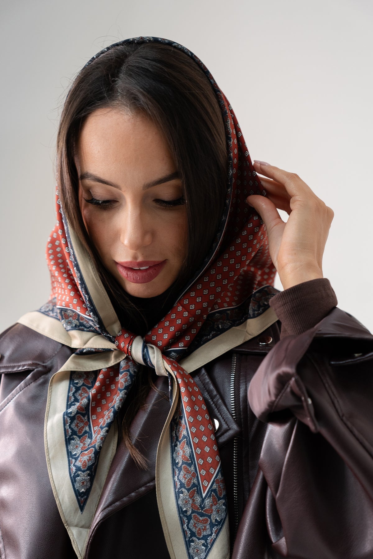 Orla Square Print Neck Scarf In Bordeaux Mix