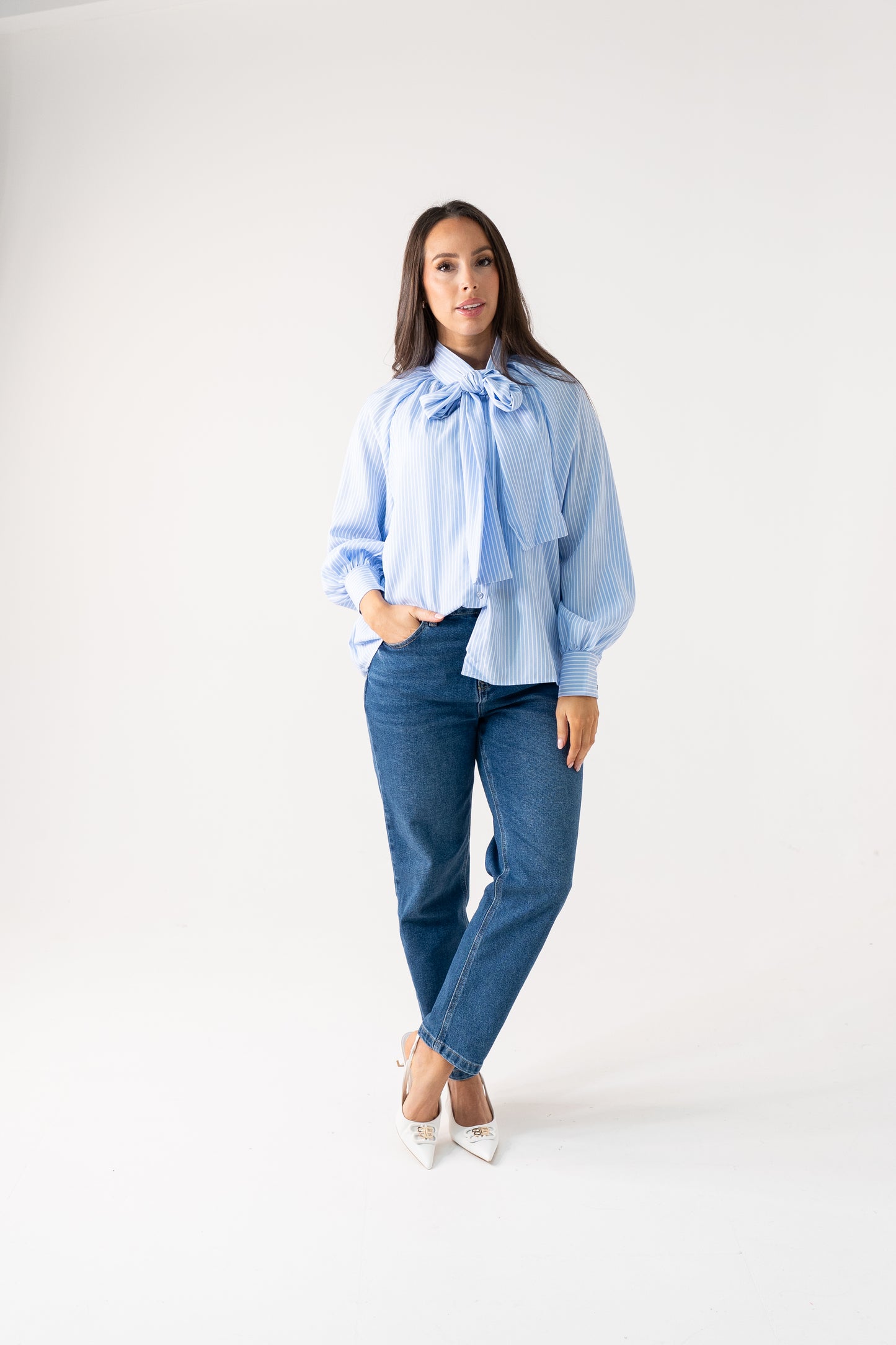Millie Bow Neck Pinstripe Shirt In Blue