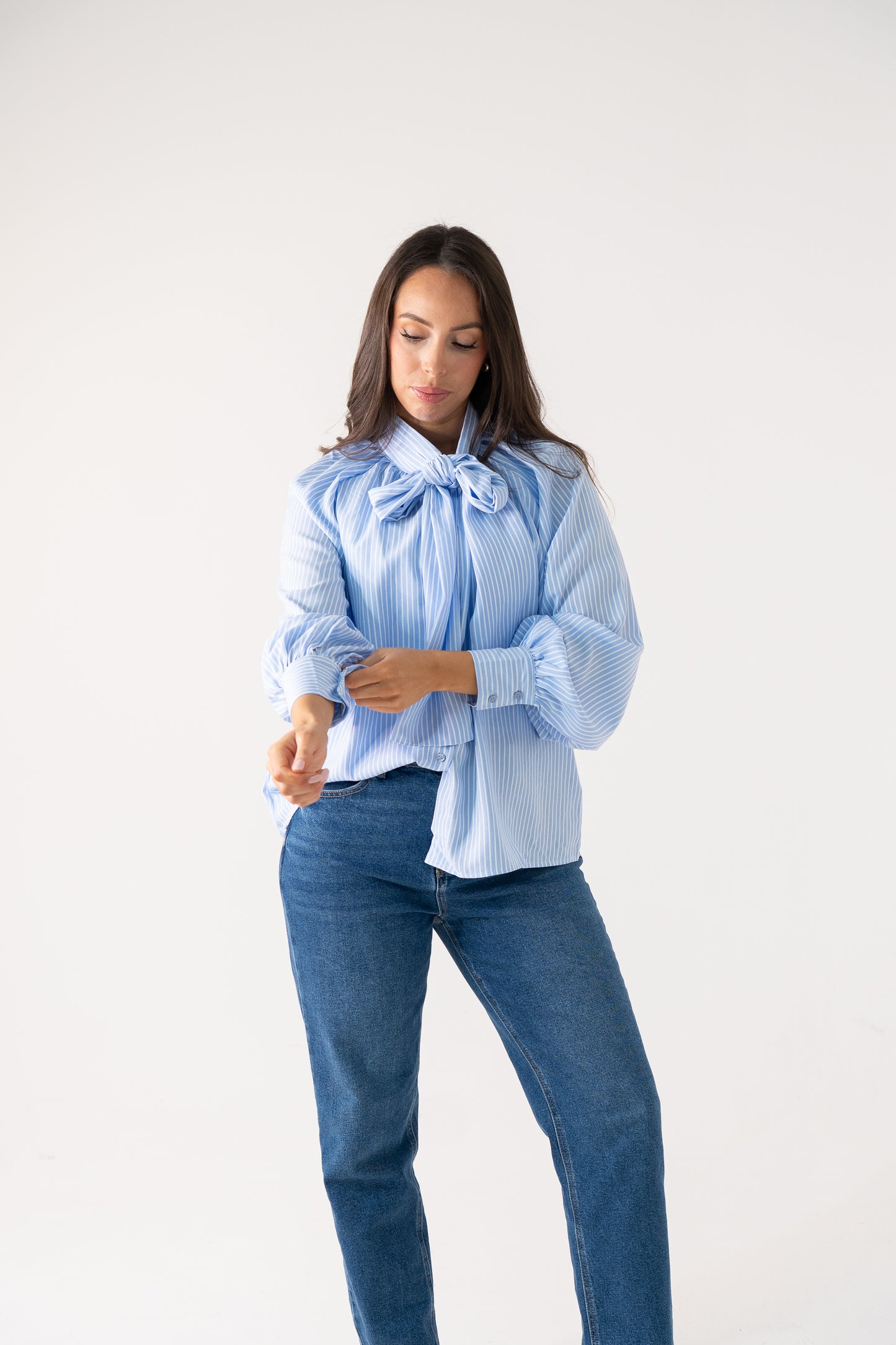 Millie Bow Neck Pinstripe Shirt In Blue