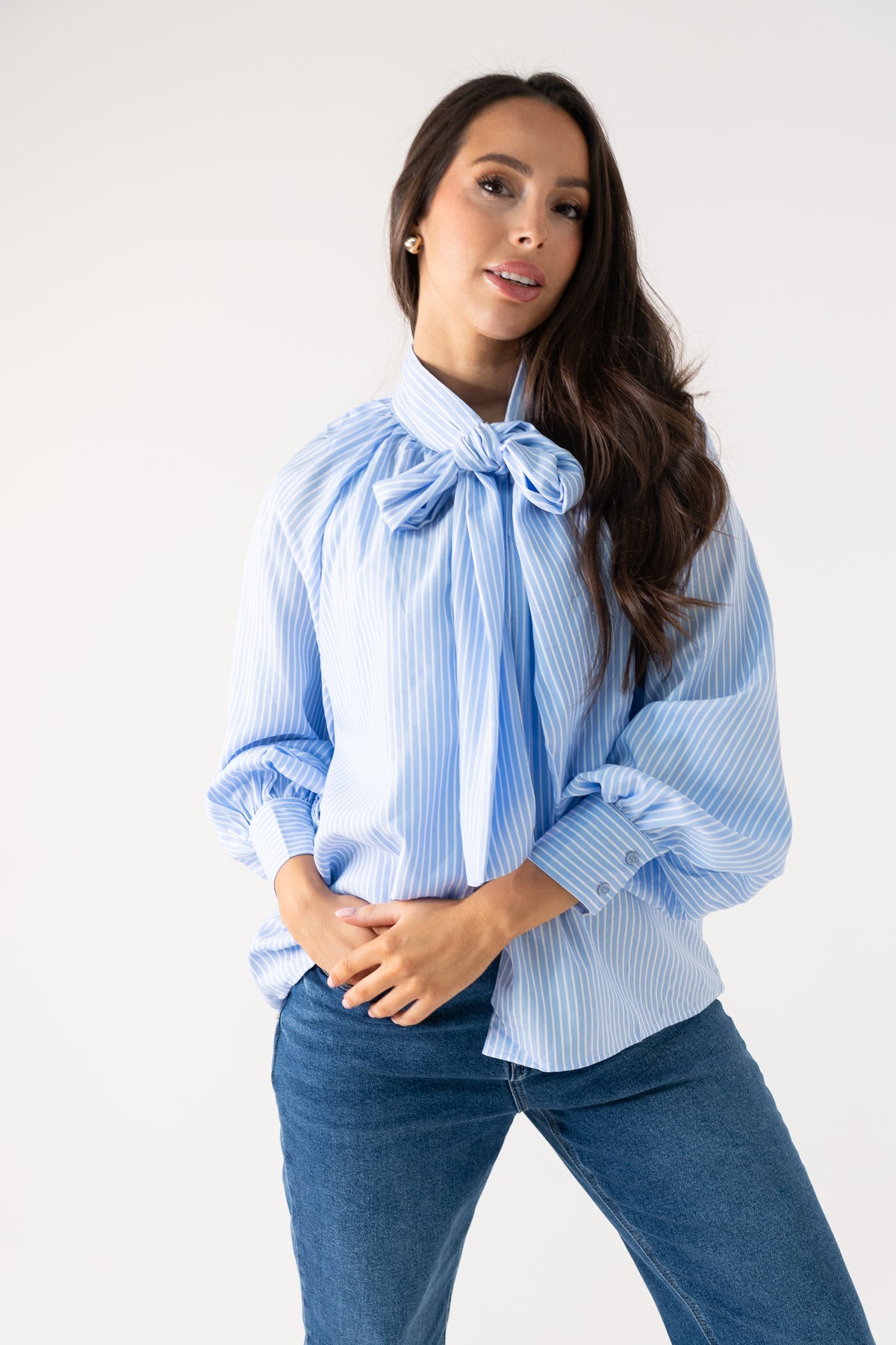 Millie Bow Neck Pinstripe Shirt In Blue