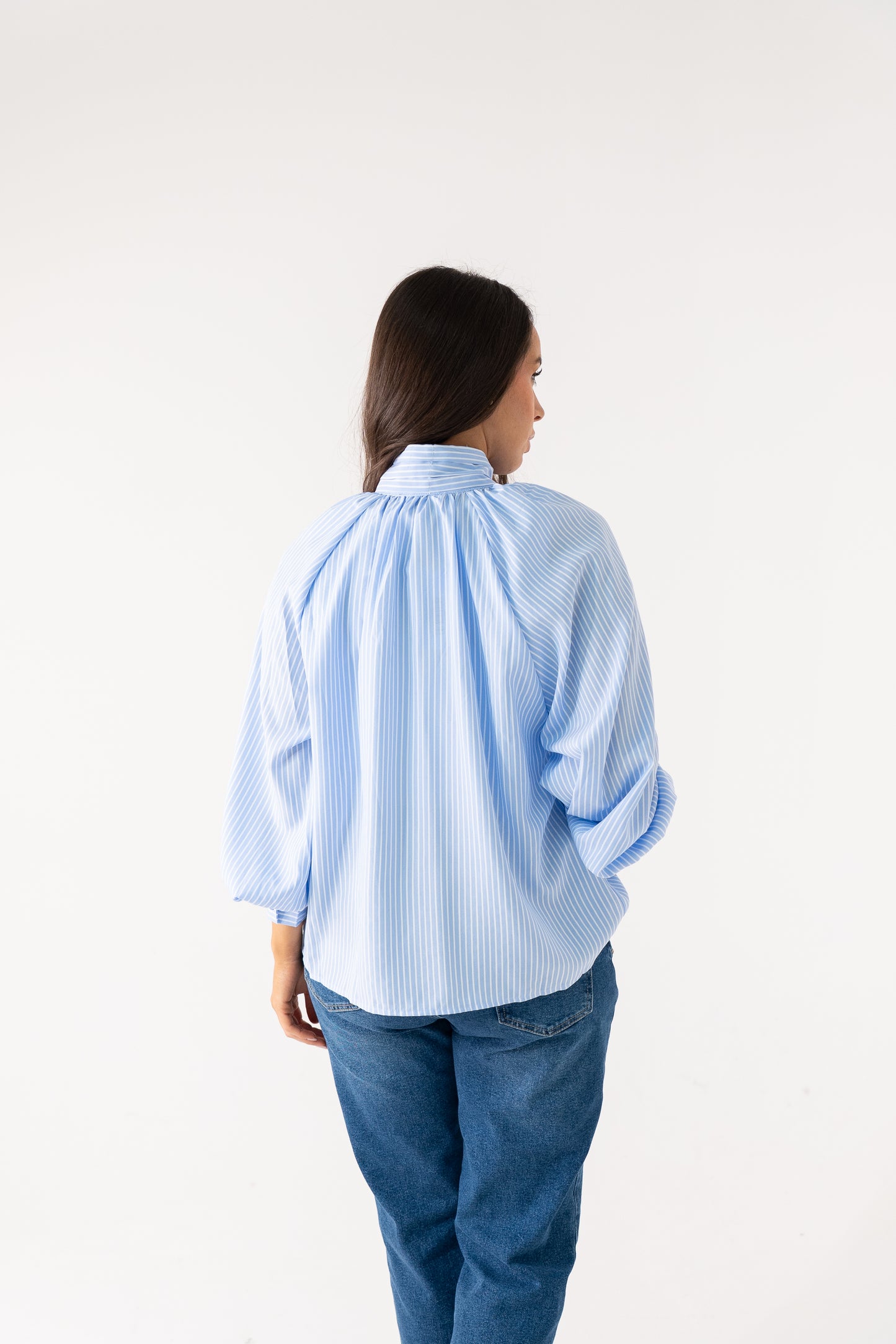Millie Bow Neck Pinstripe Shirt In Blue