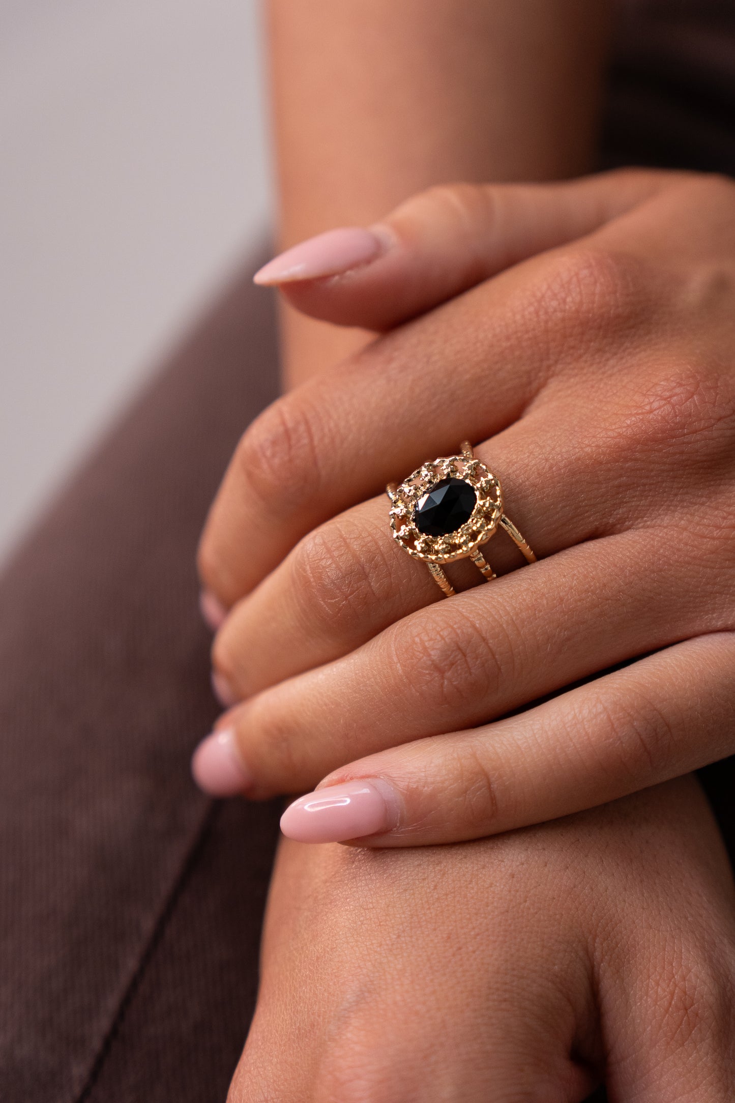 Polly Oval Black Stone Ring In Gold