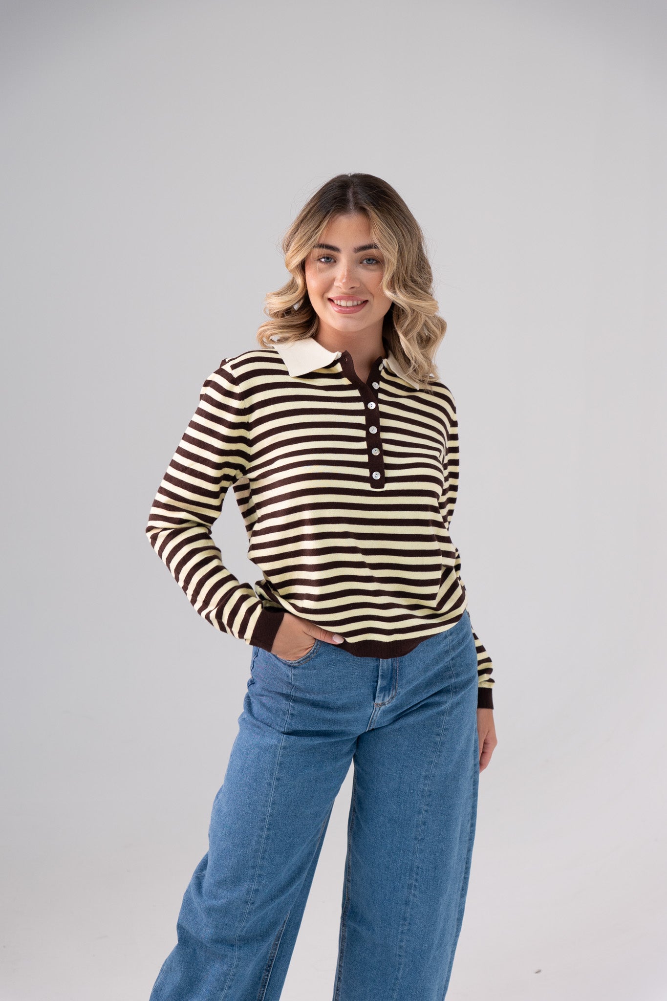 Kendra Half Button Top In Yellow Stripe