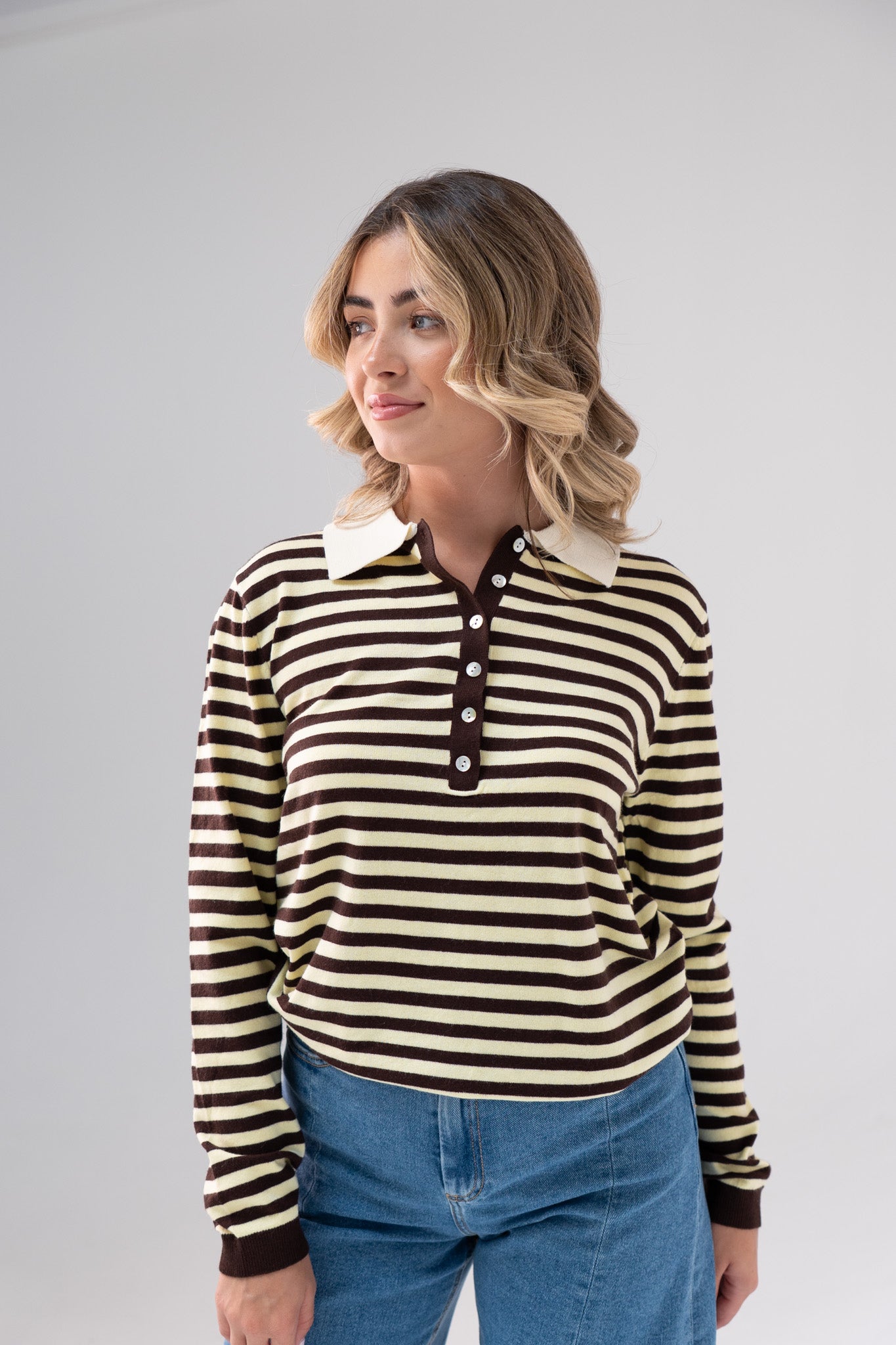 Kendra Half Button Top In Yellow Stripe