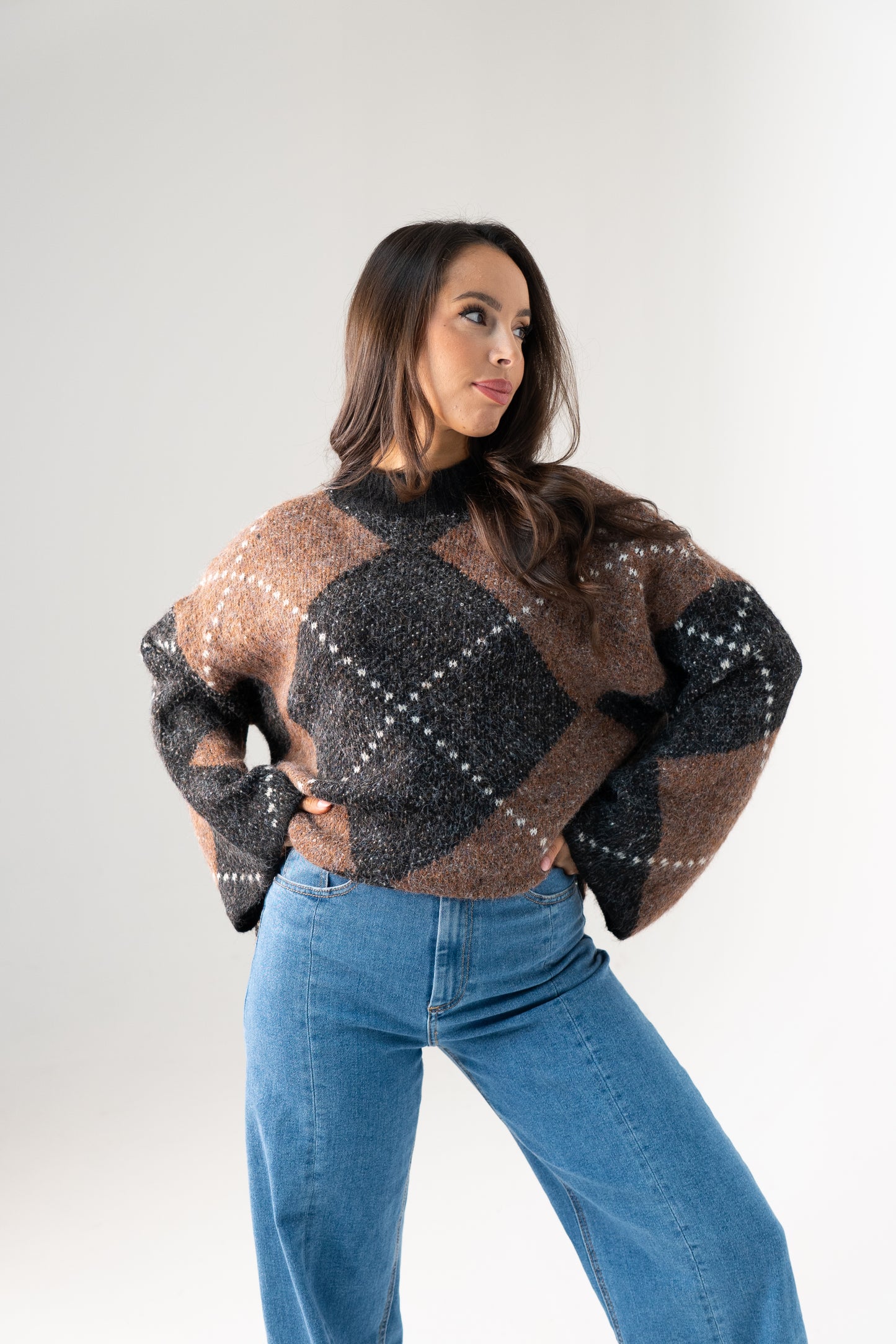 Millie Diamond Knit Jumper In Grey Mix