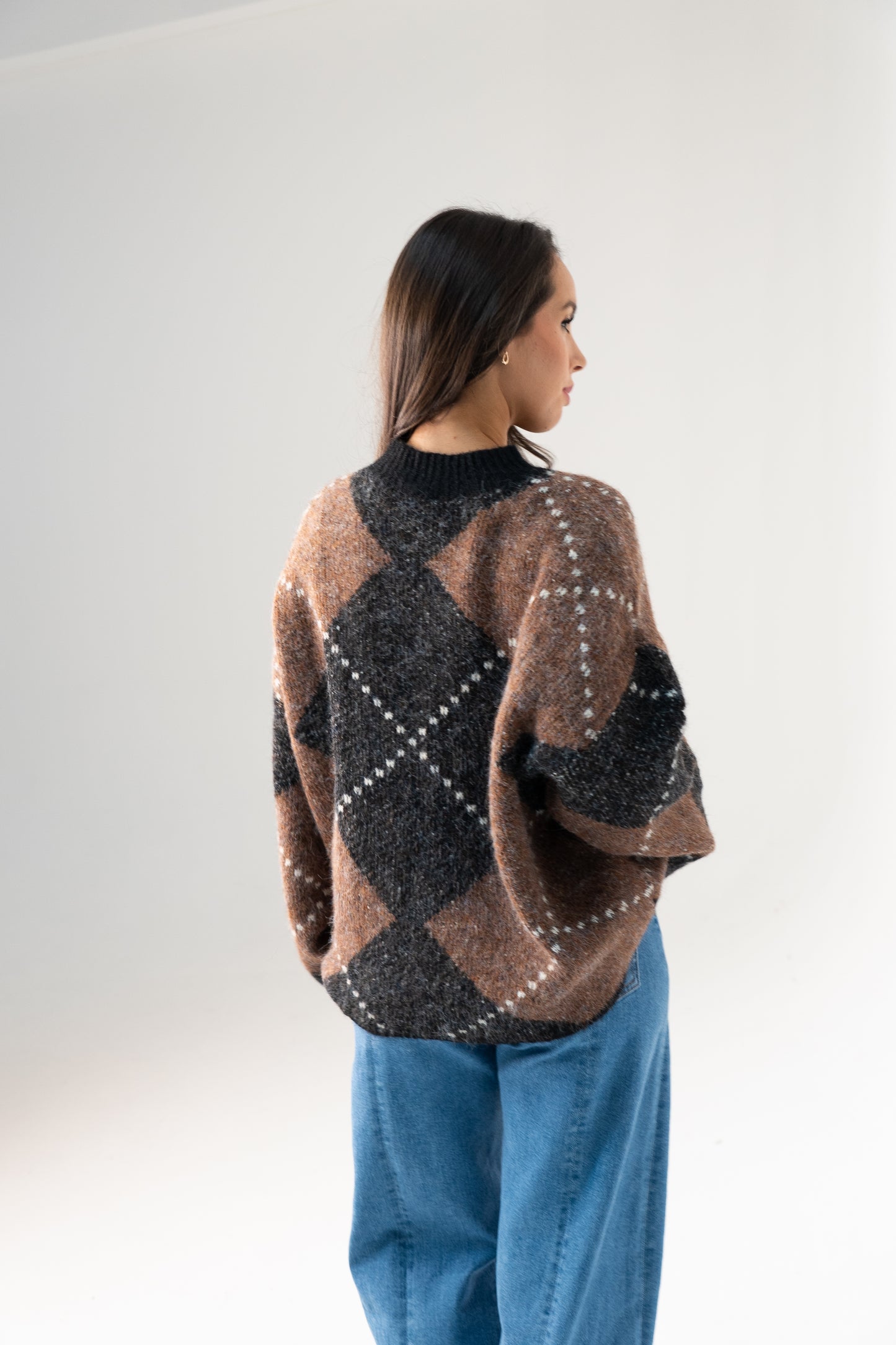 Millie Diamond Knit Jumper In Grey Mix