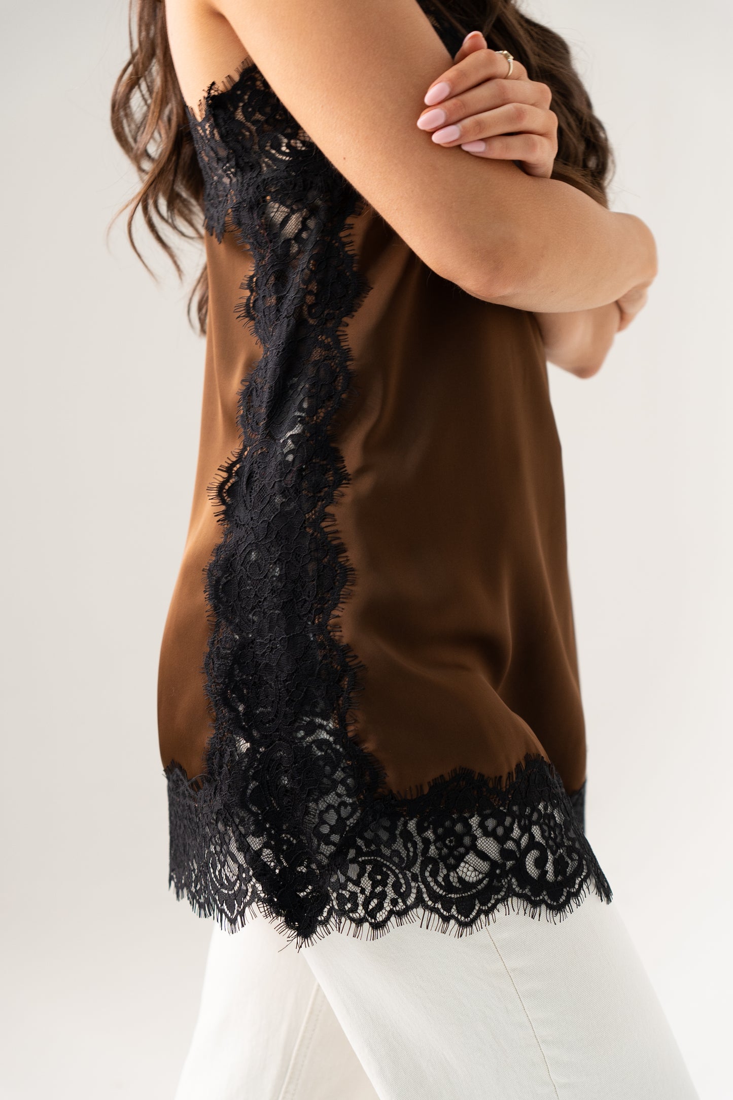 Millie Lace Trim Cami In Chocolate