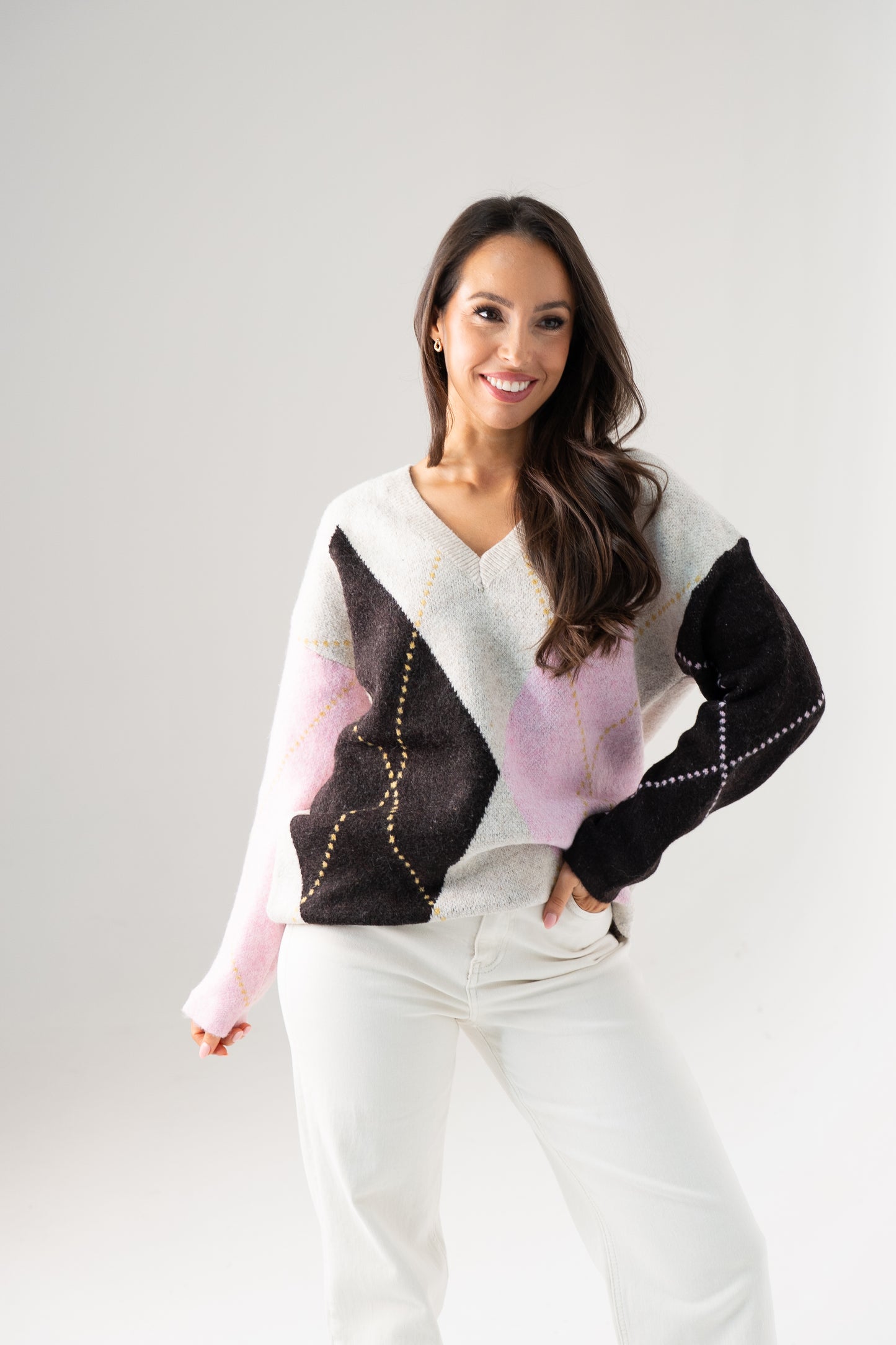 Ella Diamond Knit Jumper In Pink Mix