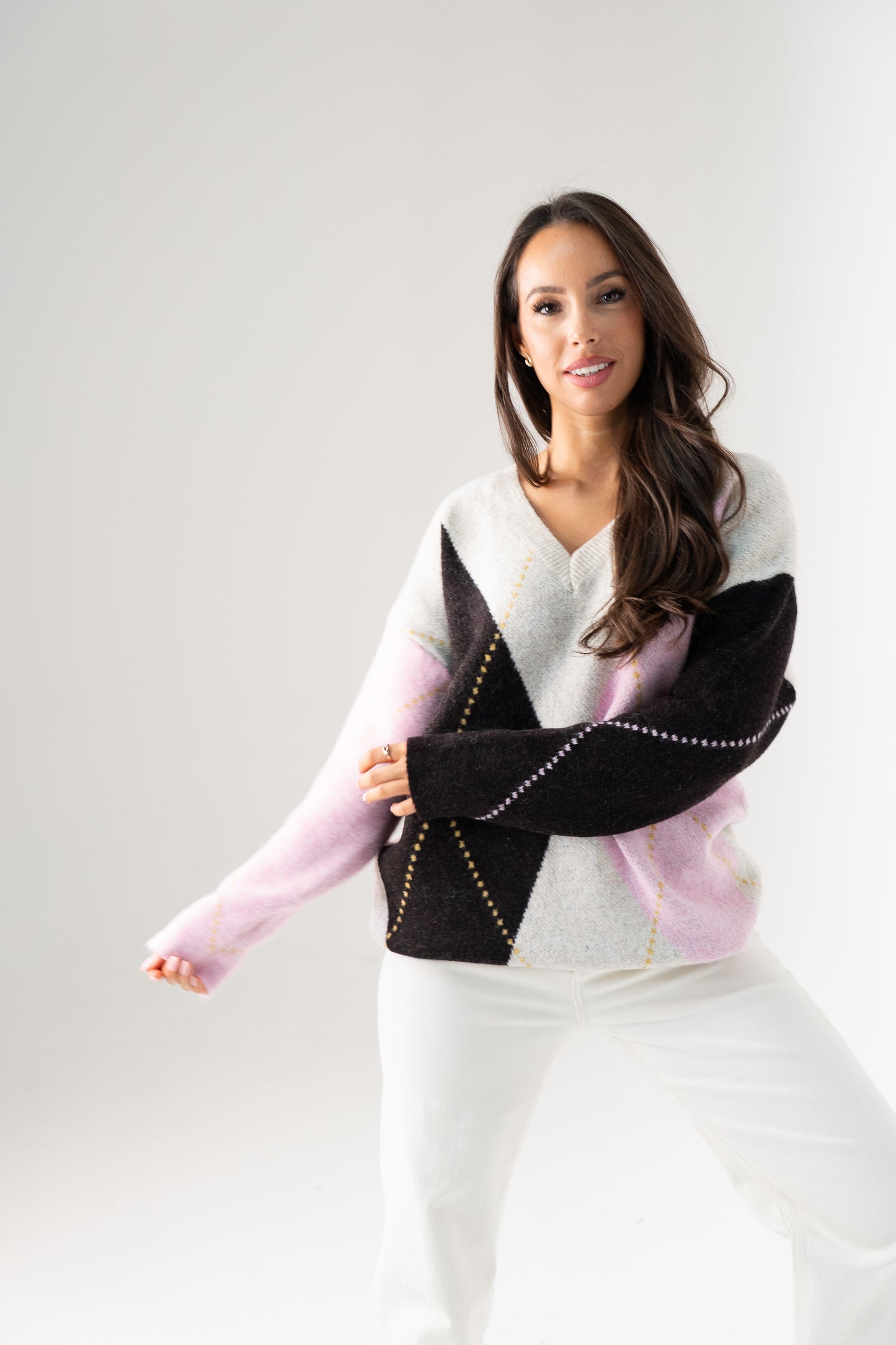 Ella Diamond Knit Jumper In Pink Mix