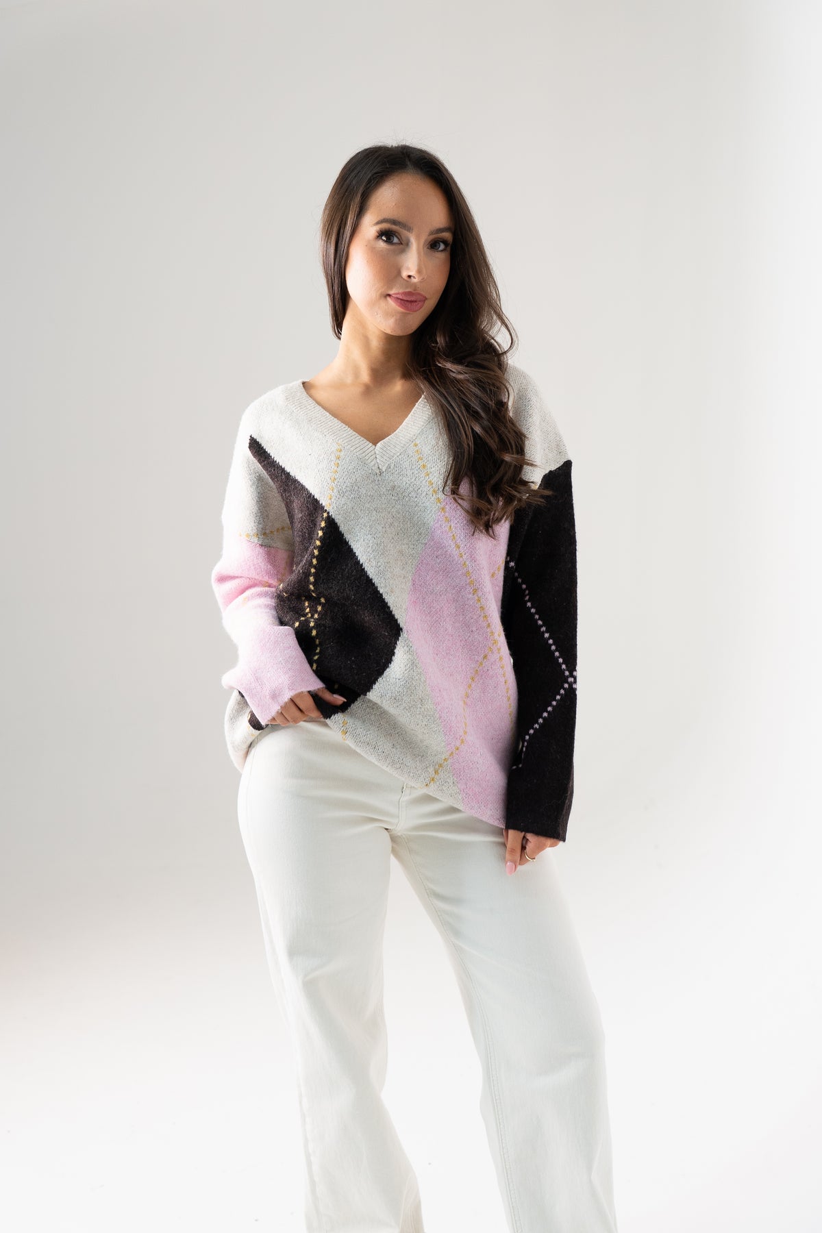 Ella Diamond Knit Jumper In Pink Mix