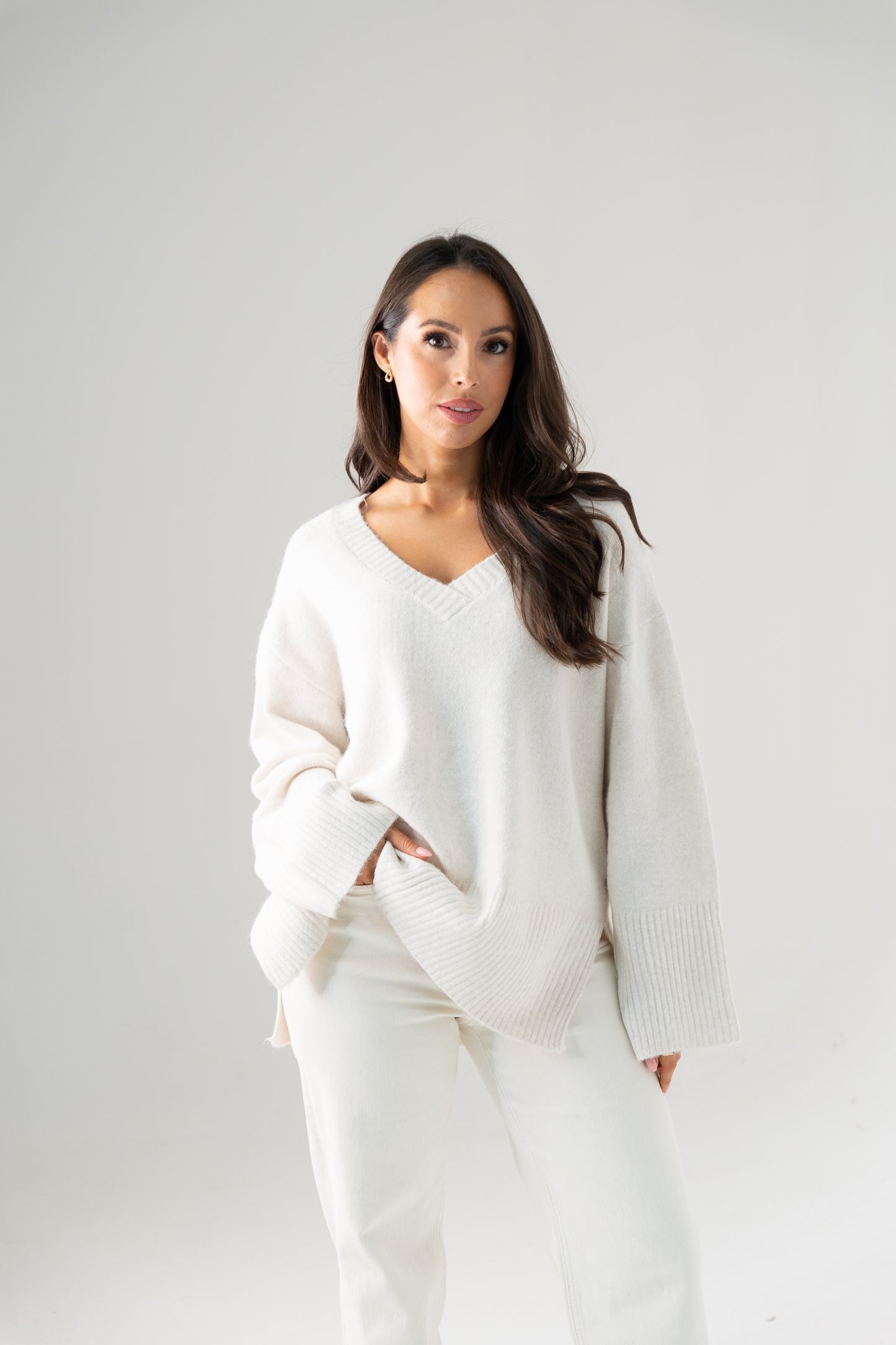 Ella V-Neck Jumper In Cream