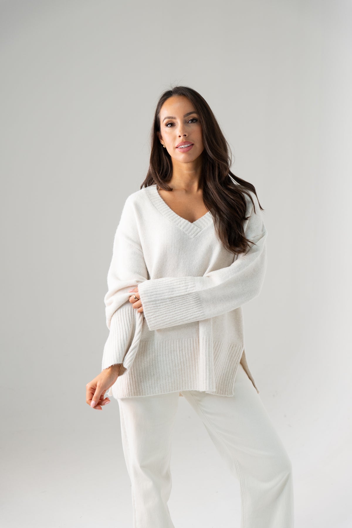 Ella V-Neck Jumper In Cream
