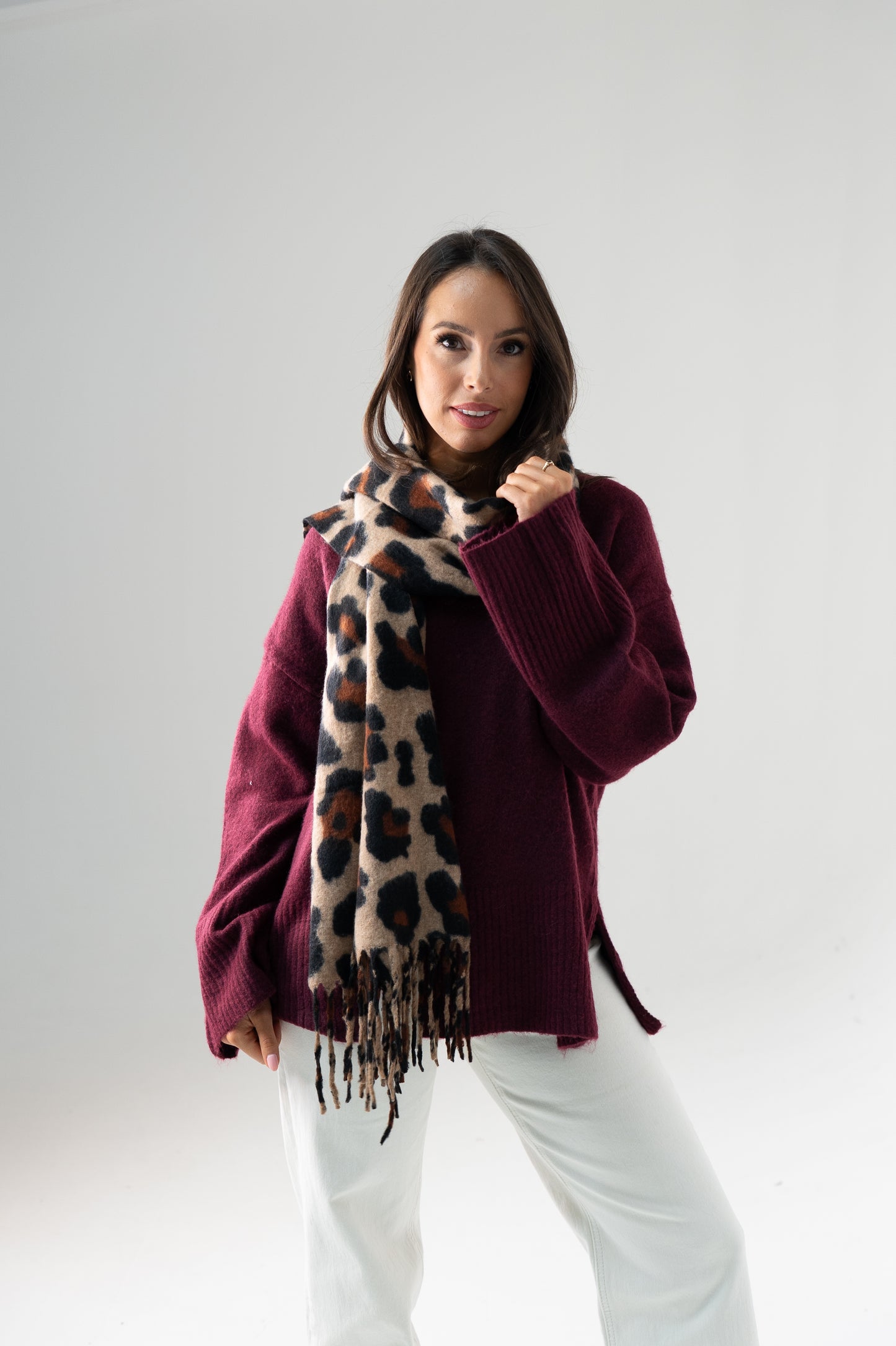 Megan Leopard Print Scarf In Camel