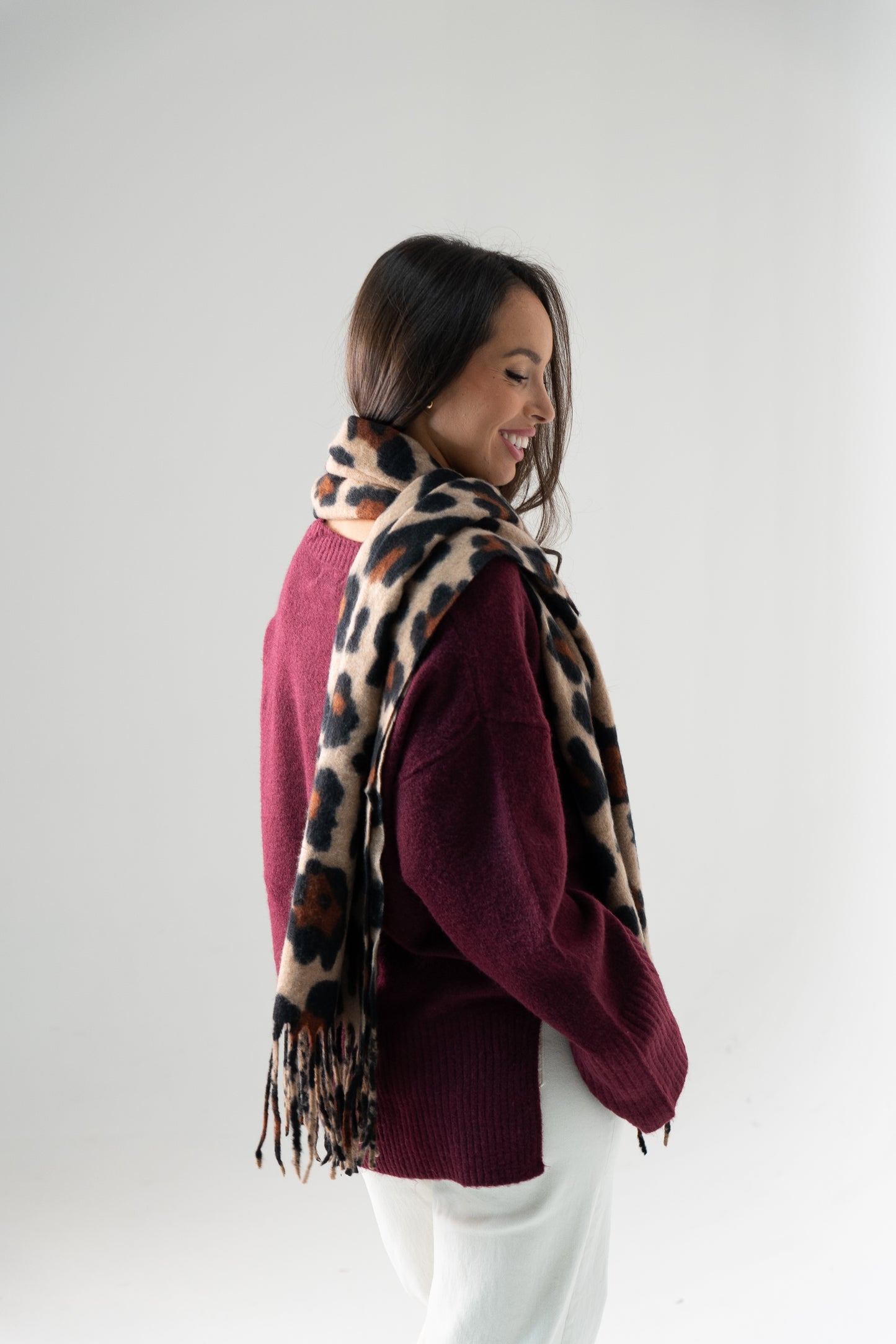Megan Leopard Print Scarf In Camel