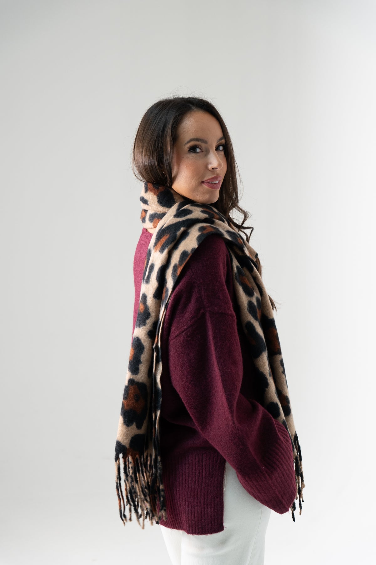 Megan Leopard Print Scarf In Camel