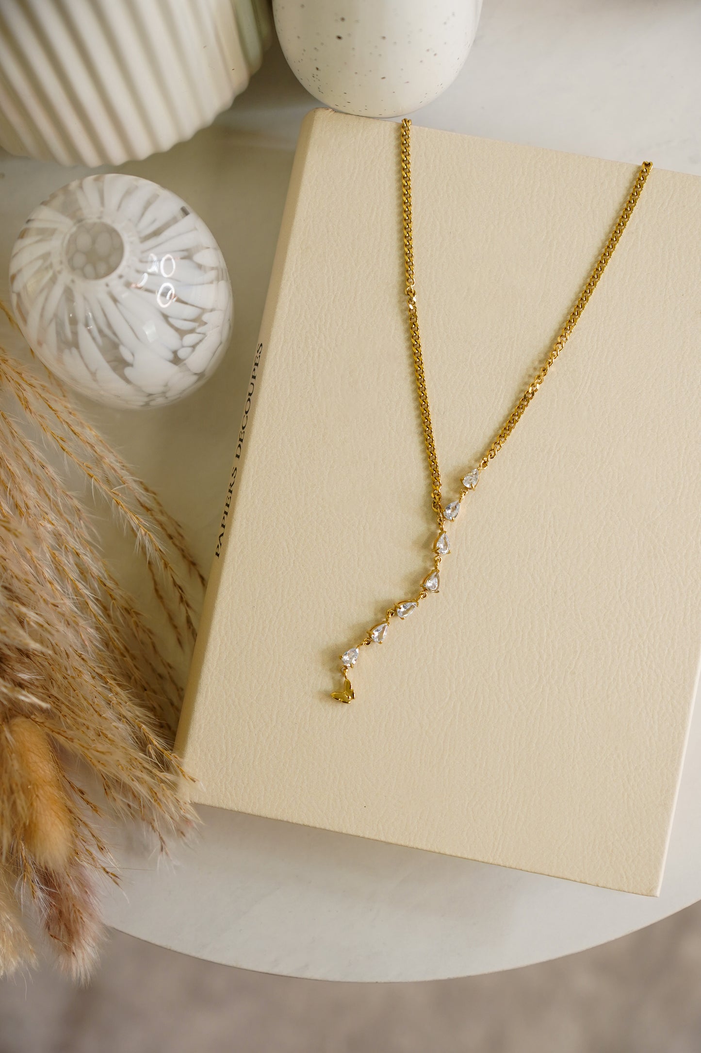 Olive Teardrop Diamante Necklace In Gold