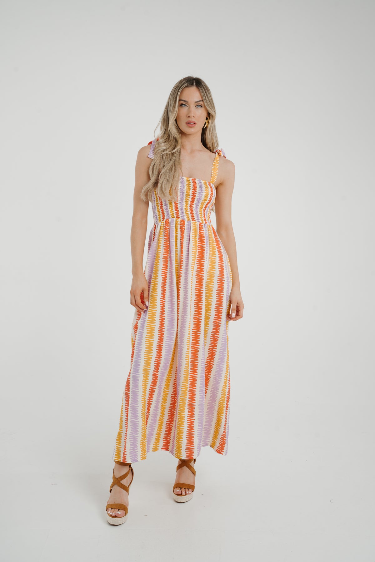 Frankie Stripe Tie Shoulder Dress In Coral Mix