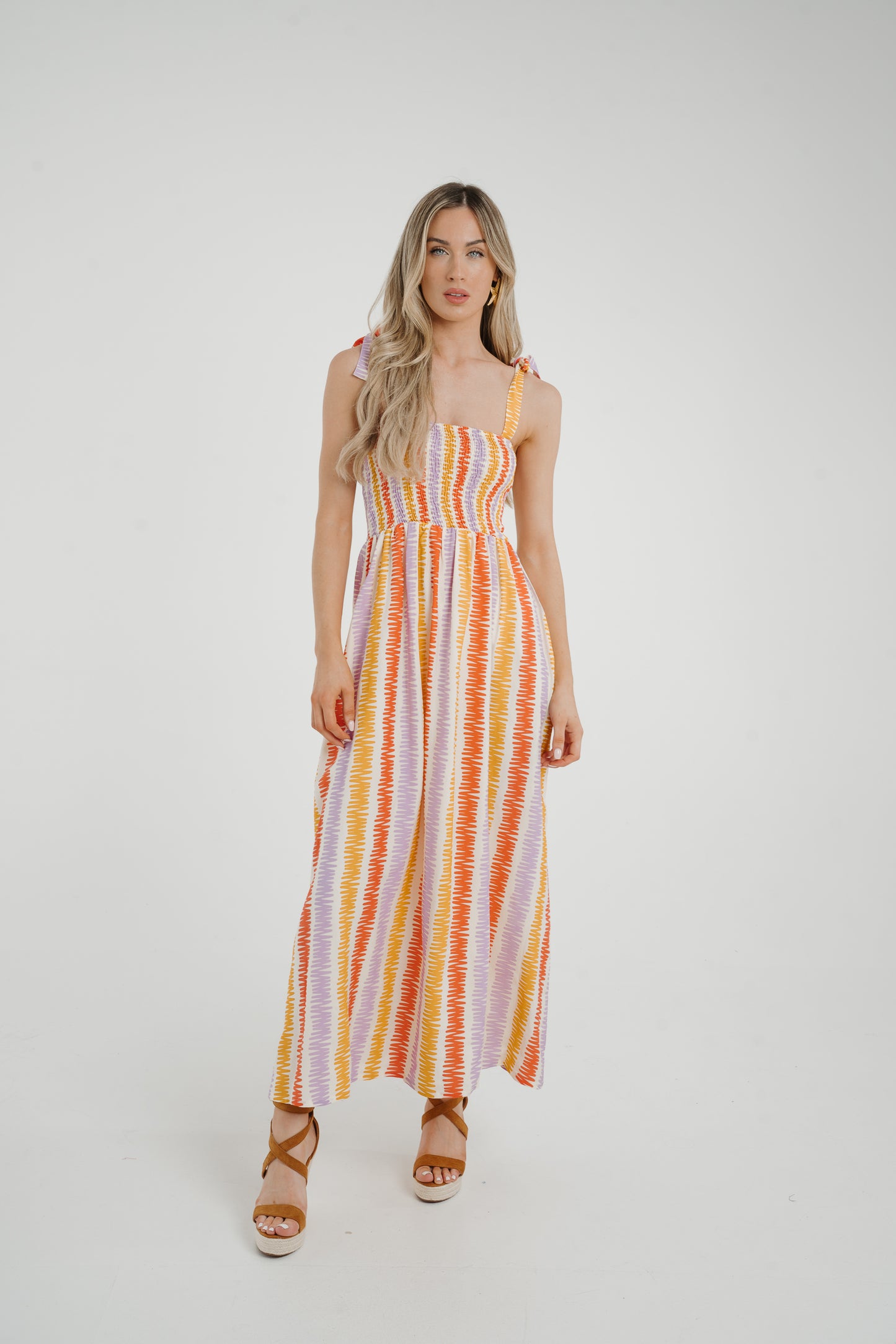 Frankie Stripe Tie Shoulder Dress In Coral Mix