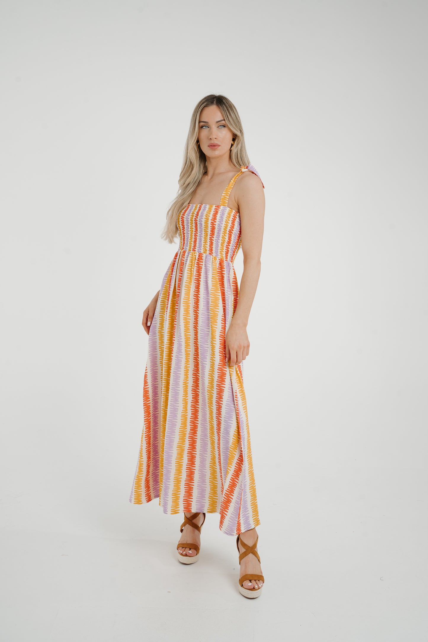 Frankie Stripe Tie Shoulder Dress In Coral Mix