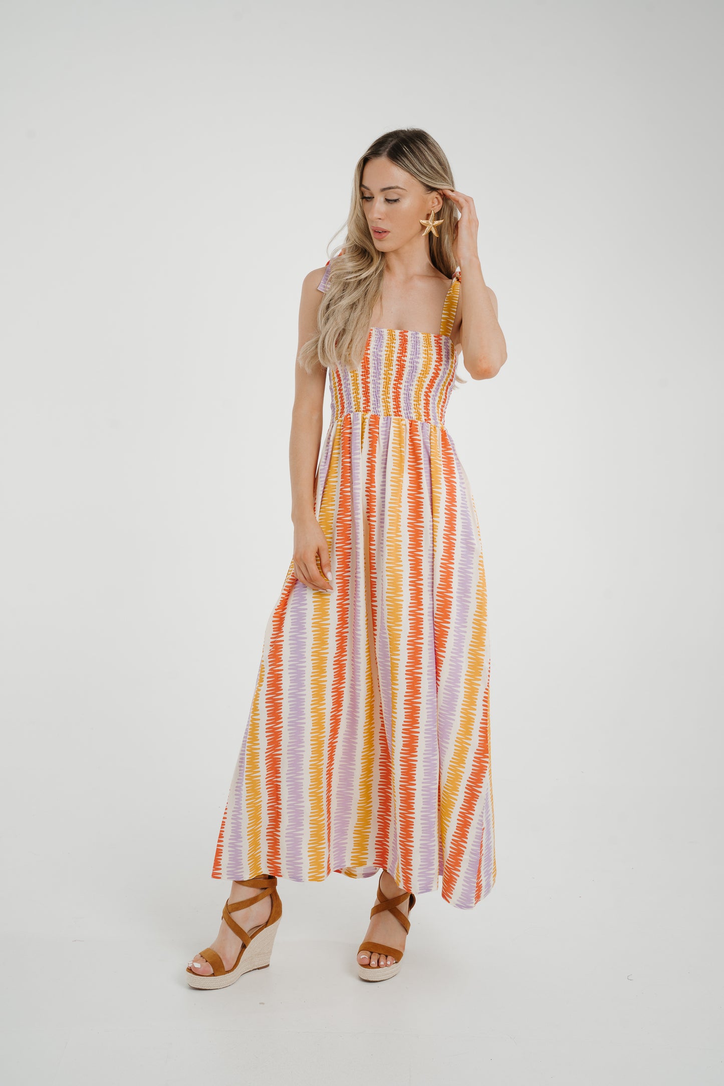 Frankie Stripe Tie Shoulder Dress In Coral Mix