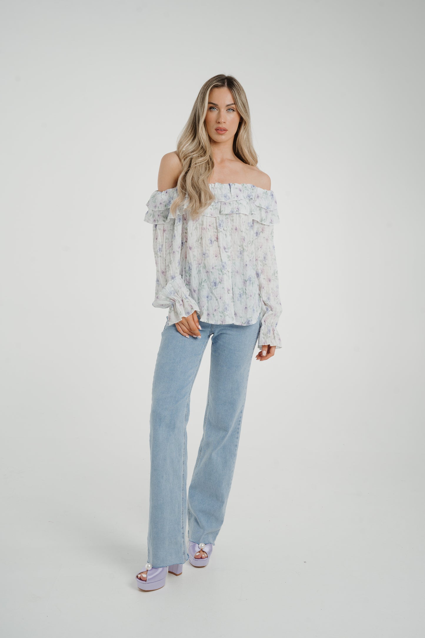 Elsa Bardot Floral Top In Lilac Mix