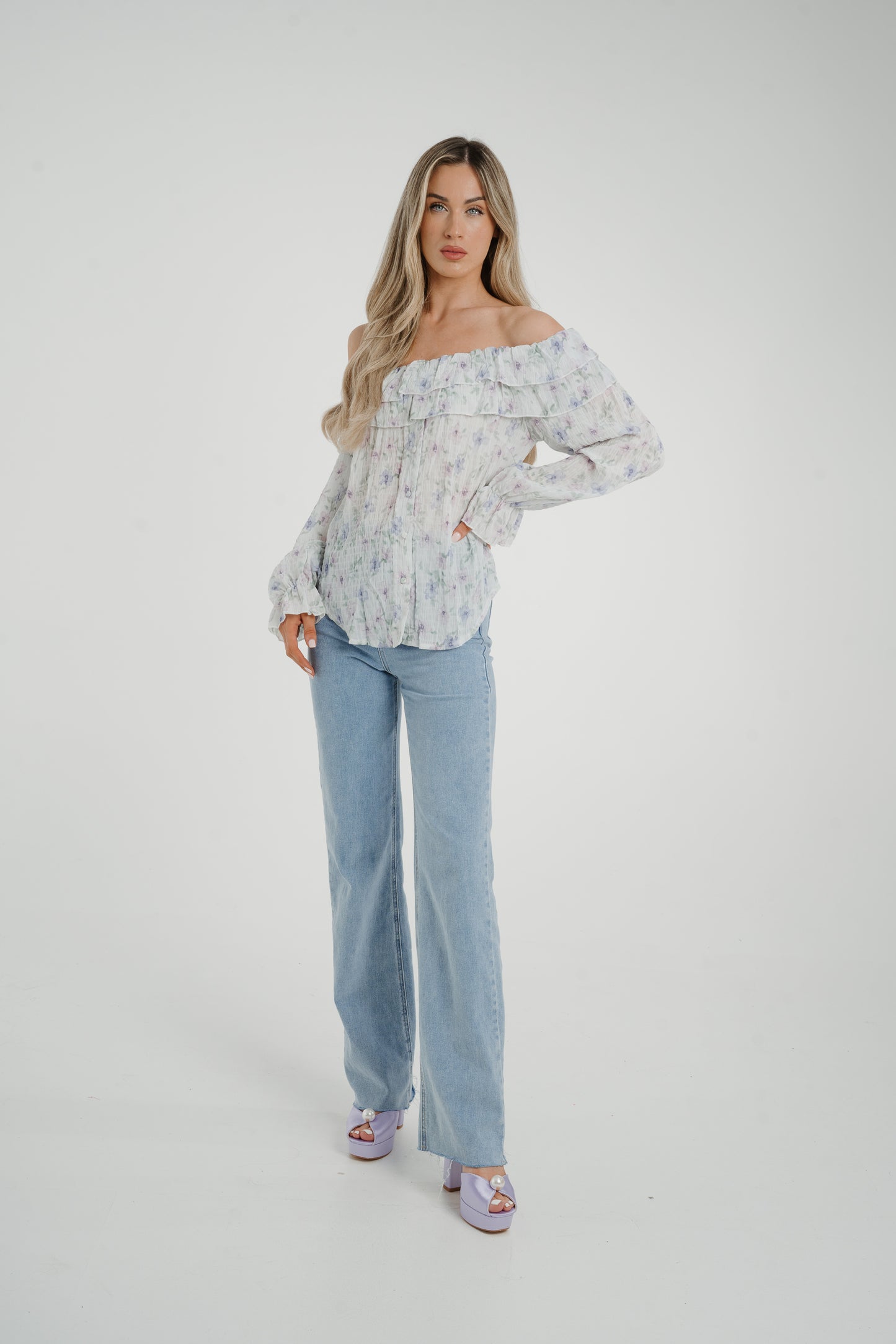 Elsa Bardot Floral Top In Lilac Mix