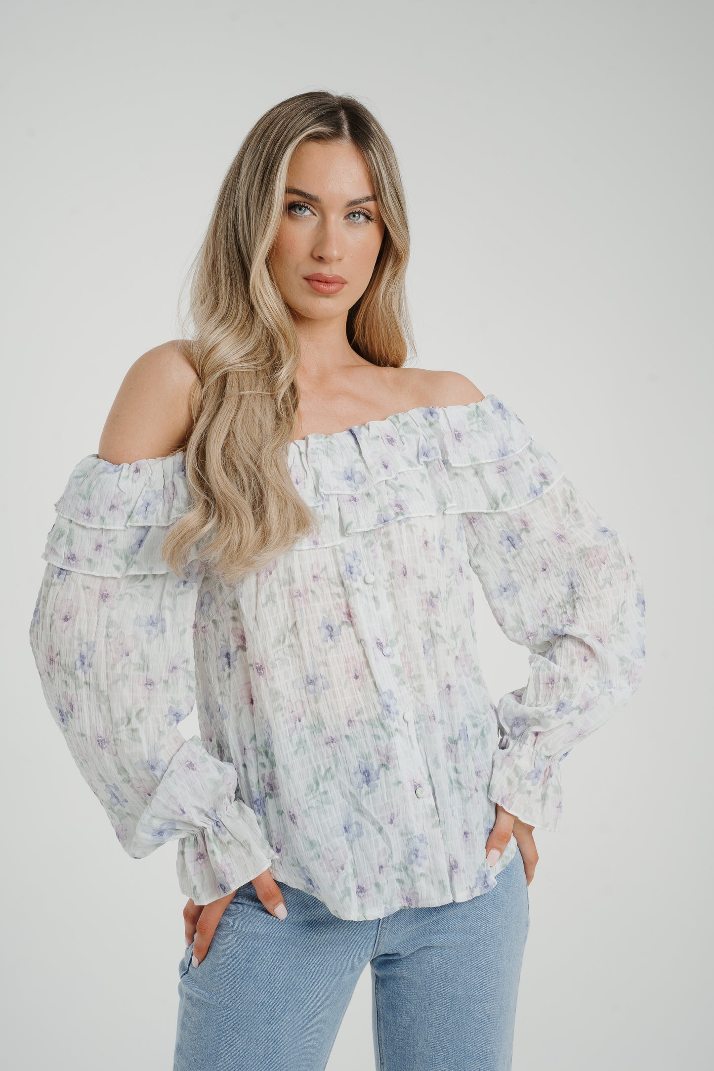 Elsa Bardot Floral Top In Lilac Mix