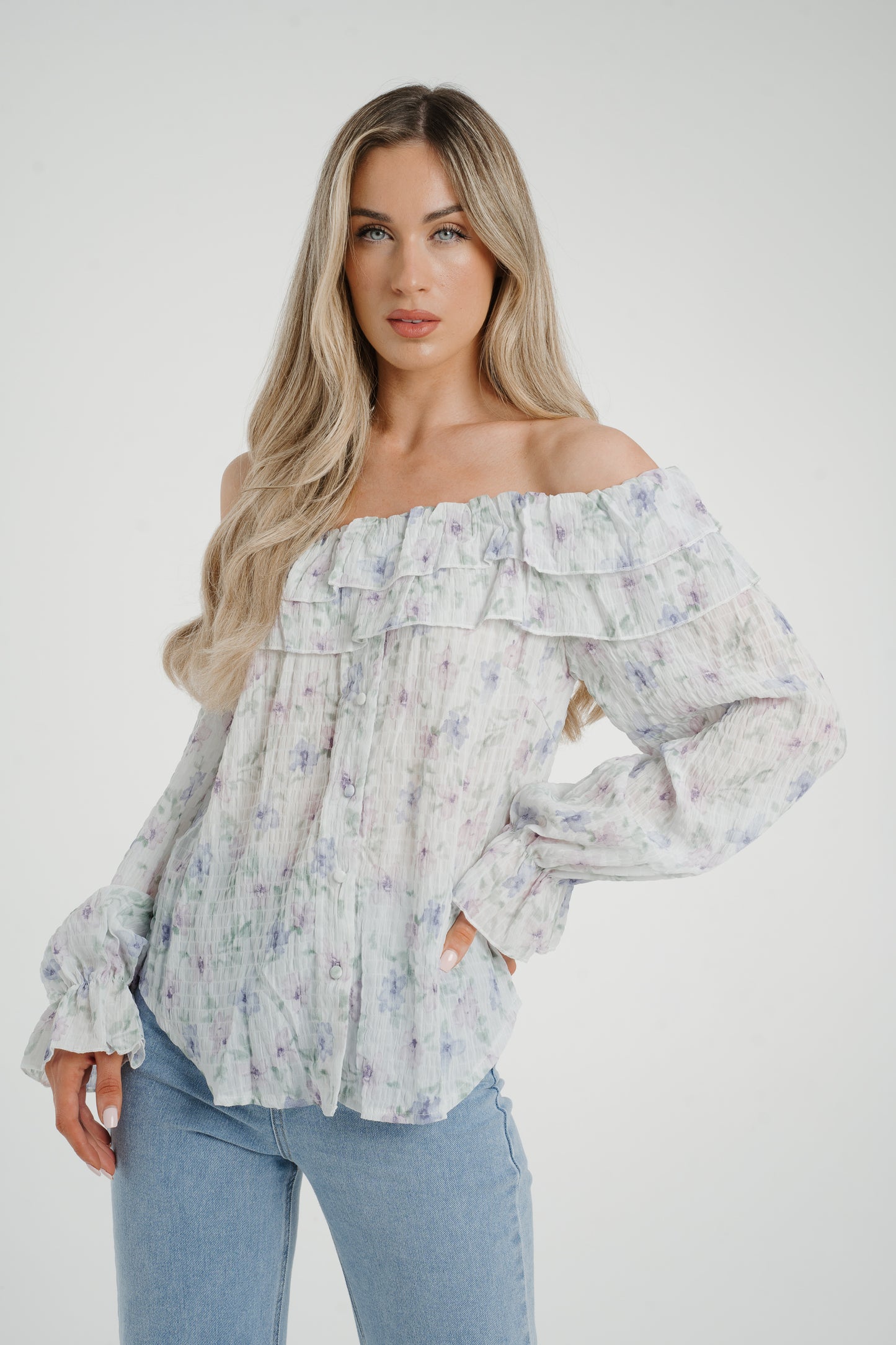 Elsa Bardot Floral Top In Lilac Mix
