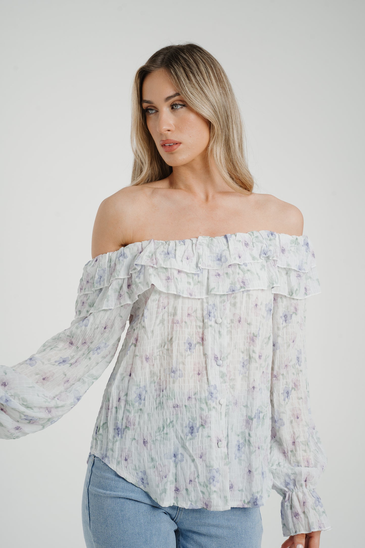 Elsa Bardot Floral Top In Lilac Mix