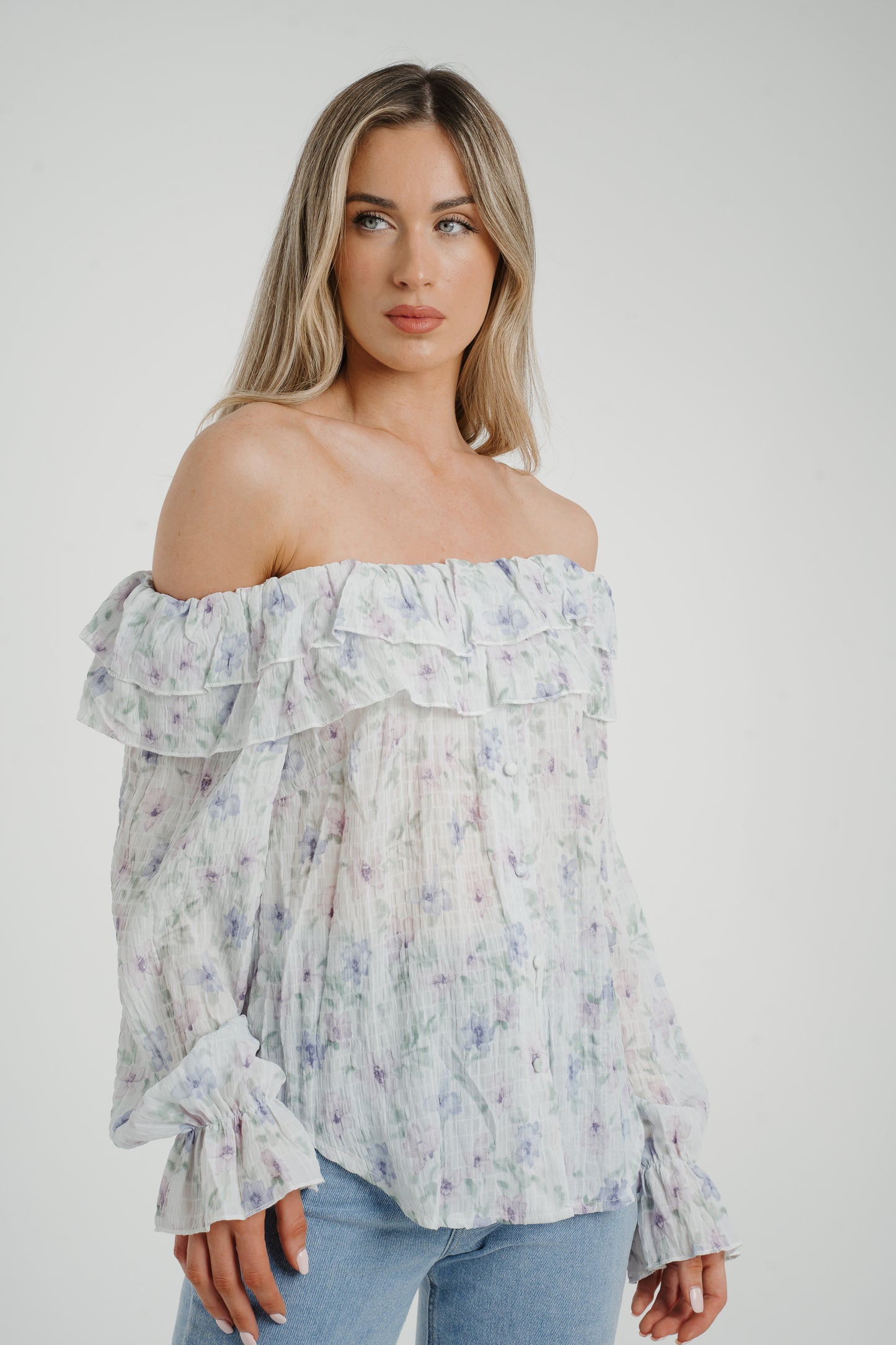 Elsa Bardot Floral Top In Lilac Mix