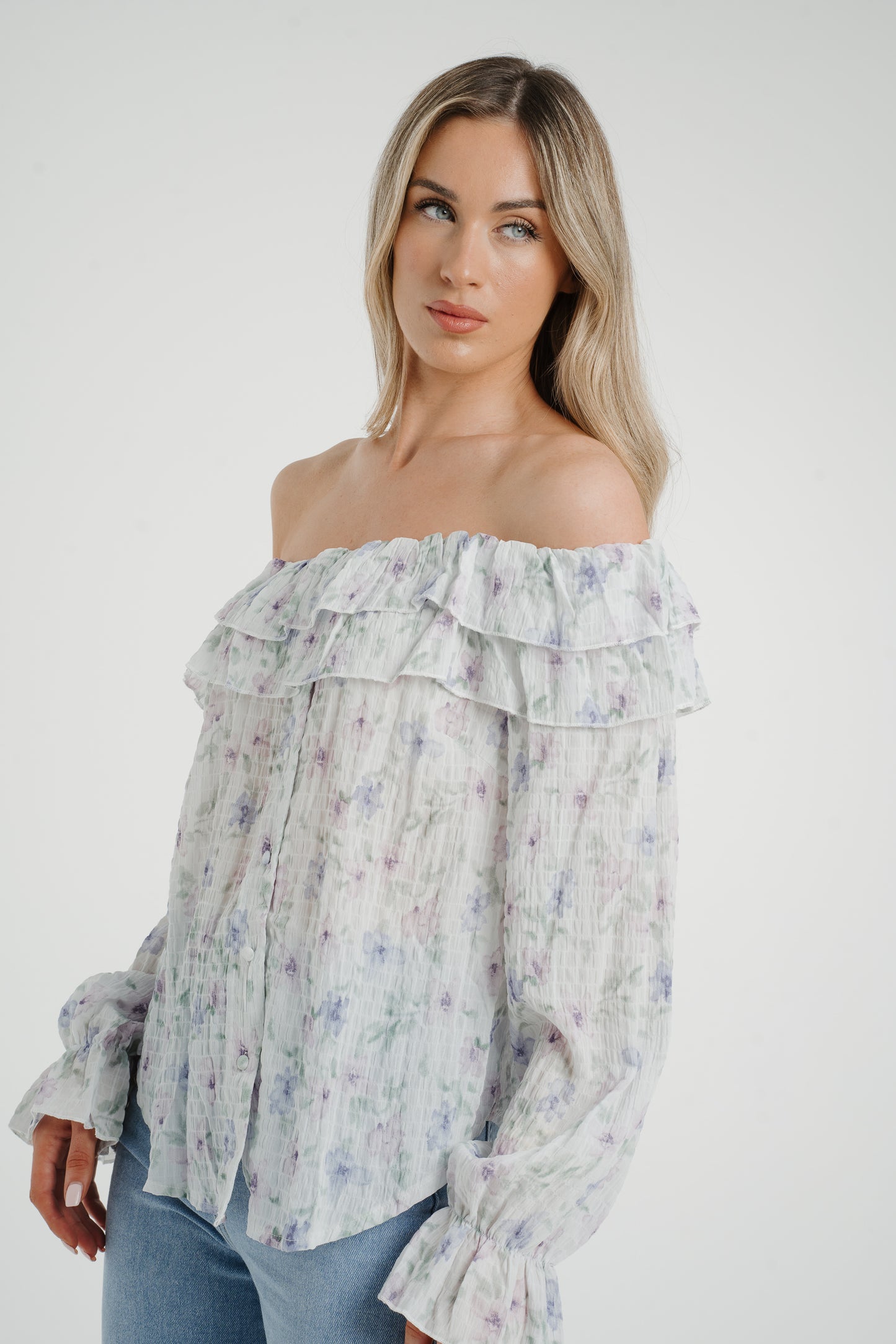 Elsa Bardot Floral Top In Lilac Mix